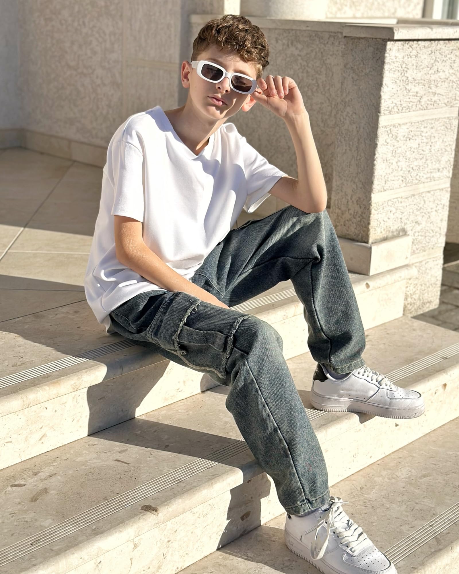 Rolanko Pantalones Vaqueros Rasgados con Cintura Elástica para Niños, Pantalones de Mezclilla Retro con Diseño de Pierna Cónica con Bolsillos para Niños