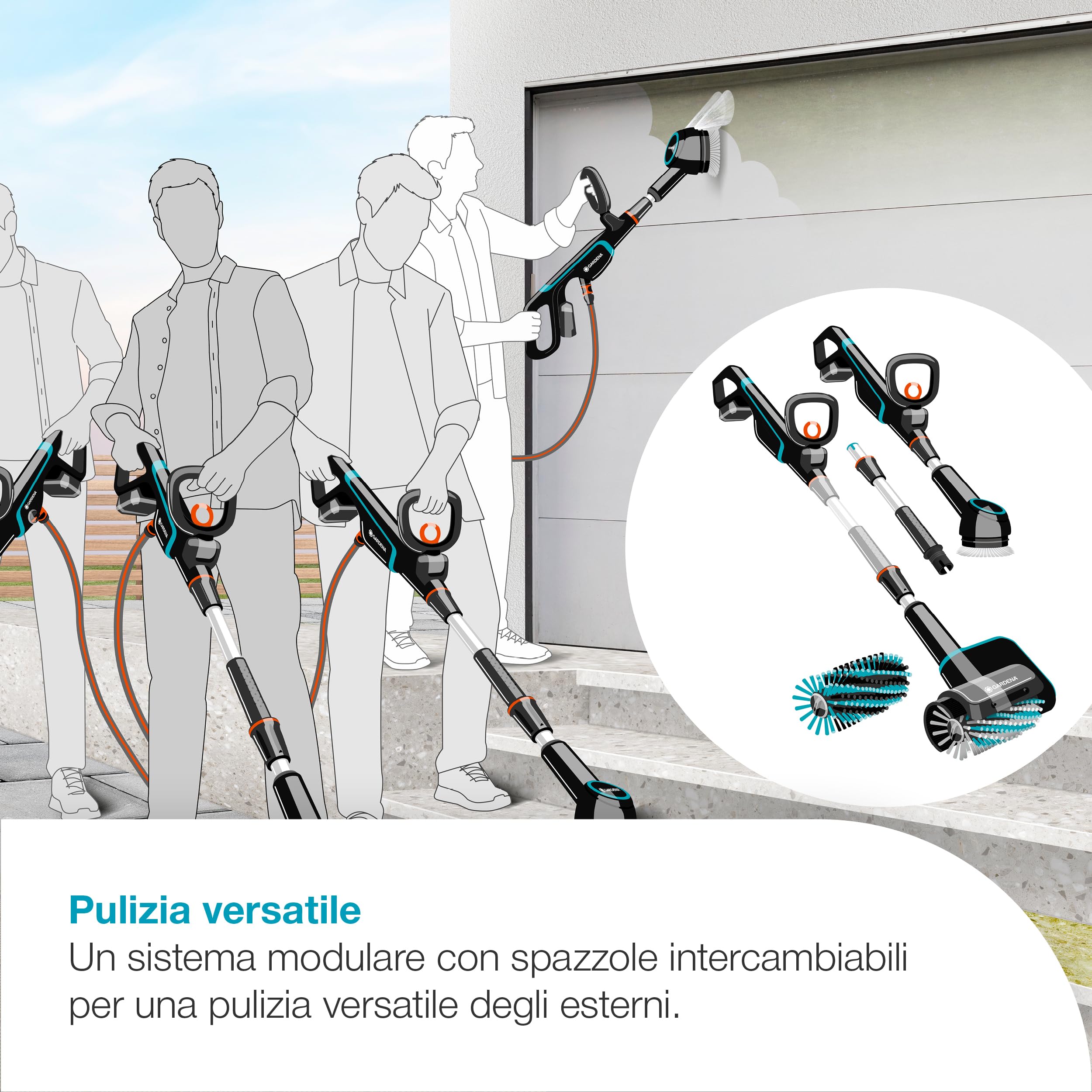 Gardena Spazzola Multifunzione A Batteria AquaBrush Universal 04/18V P4A Set Pronto All'Uso: Esterno, Per ogni superficie, Profilo delle spazzole, Controllo con un solo tocco, Senza fili (14842-20)