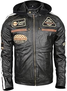 LP-FACON Mens Vintage Motorcycle Patches Retro Stripes Cafe Racer Biker Leather Jacket | Detachable Hood