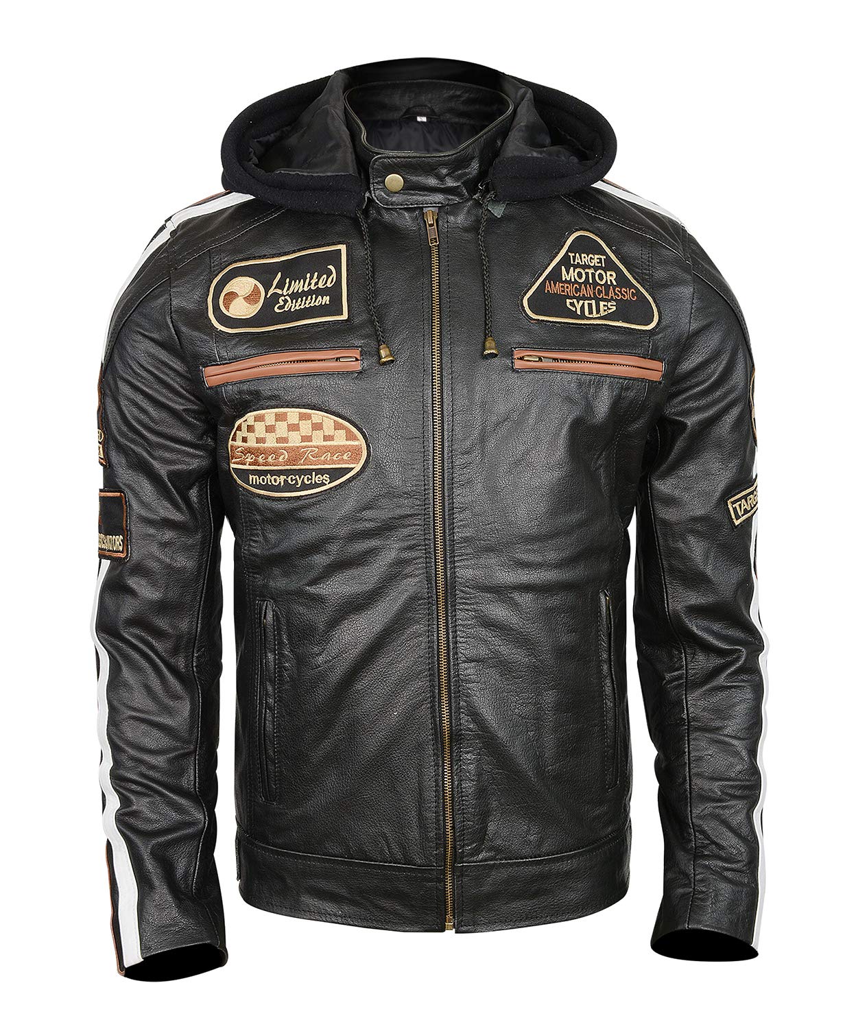 LP-FACON Mens Black Vintage Badges Protective Motorcycle Leather Jacket Retro Stripes Moto Racing Biker Armor Padded | Removable Hood