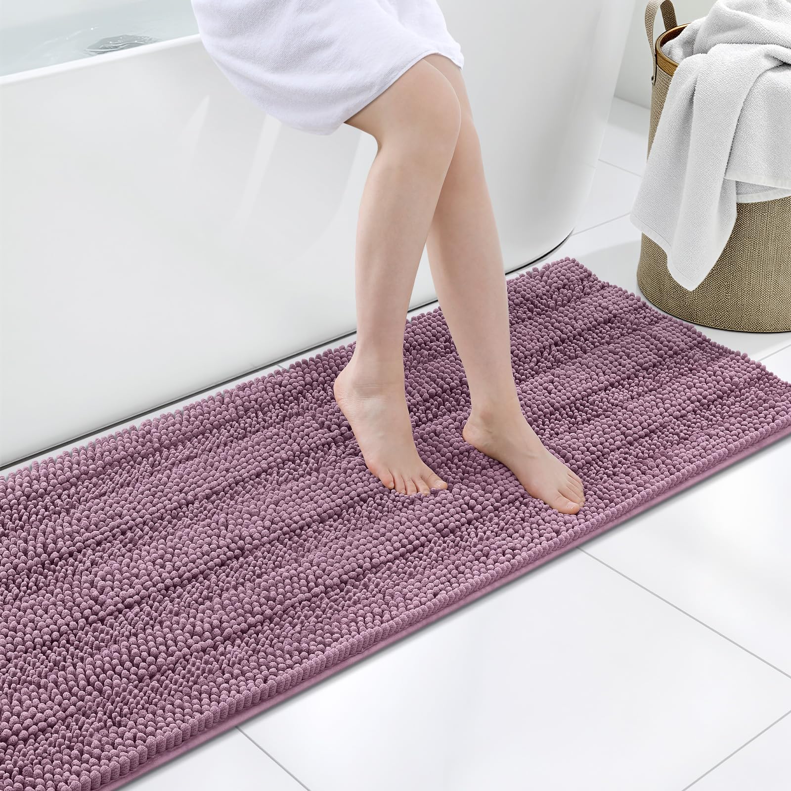 Grandaily Chenille Bathroom Rugs 59x20, Soft Absorbent Bath Mats, Deep Plum