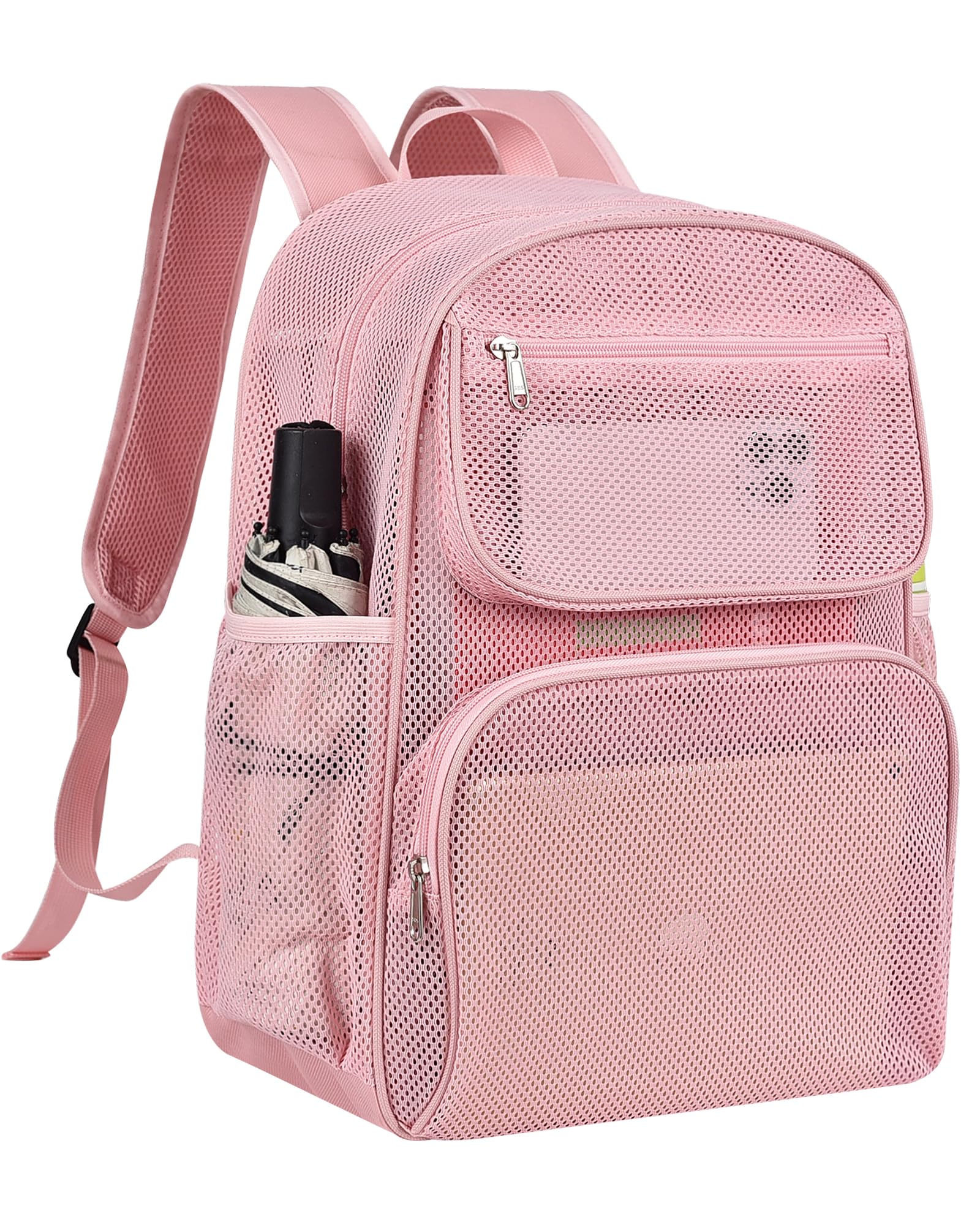 Mesh Backpack with Inner Compartment, Large Heavy Duty Mesh Bag with Padded Shoulder Straps for Travel Swimming Hiking Beach - Princess Pink