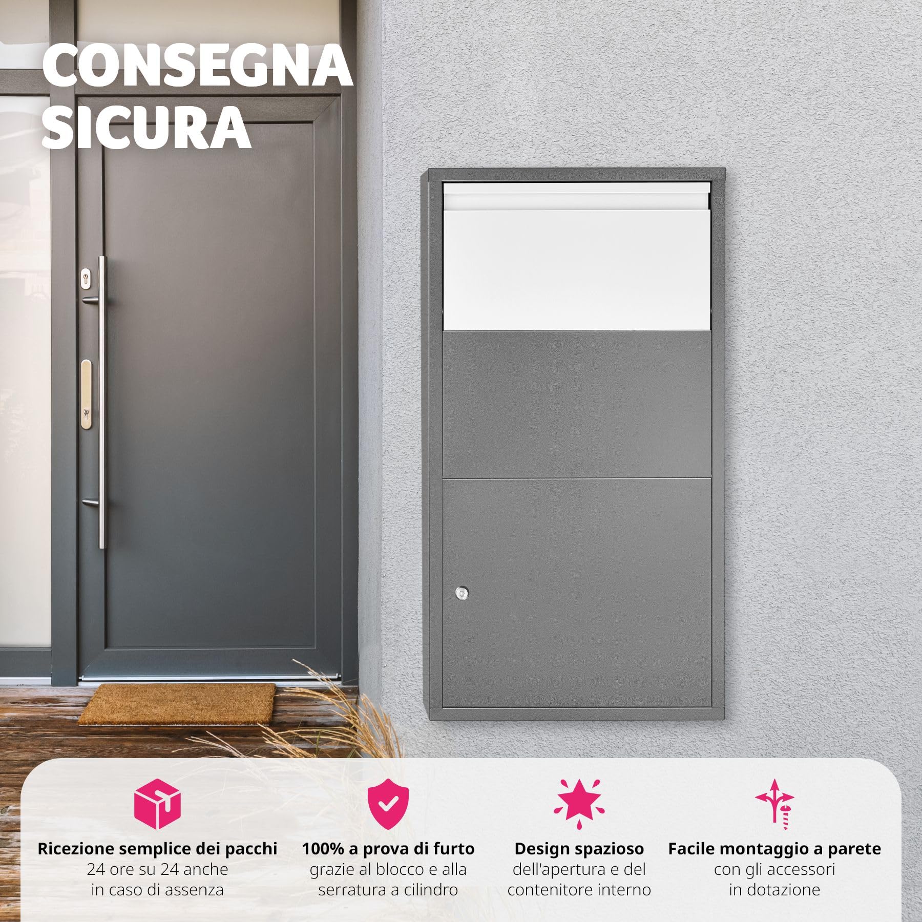 tectake® Cassetta per Pacchi, Cassetta della Posta Preassemblata, Apertura Cassetta Postale per Esterni con Blocco Antifurto, Serratura Cilindrica con Due Chiavi, Cassetta Lettere 44 x 22 x 82 cm