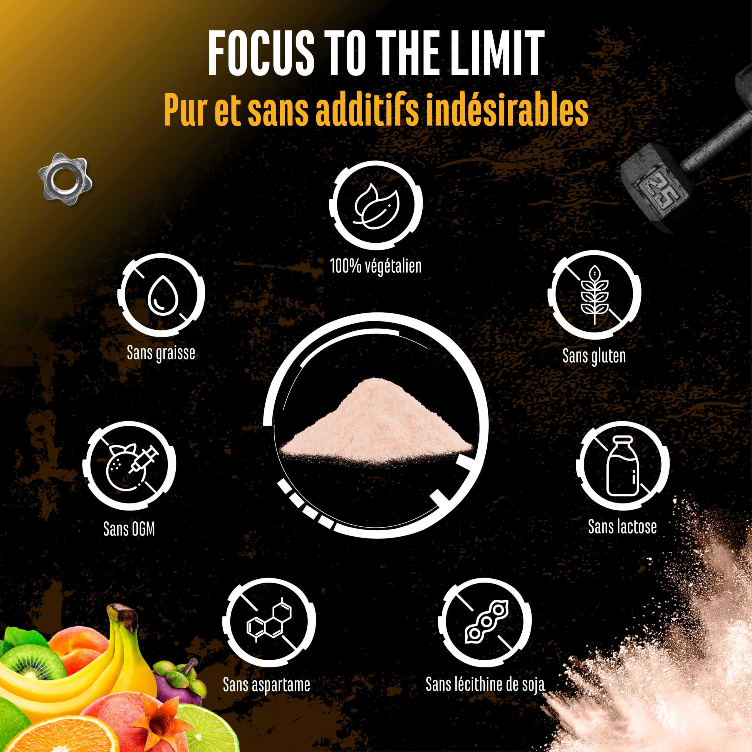 Focus to the Limit - Pre Workout hautement dosé avec L-Tyrosine + Taurine + Inositol + Extrait de Ginkgo + Citicoline + Rhodiola rosea + Caféine & Vitamines - (240 g, goût Mélange de fruits)