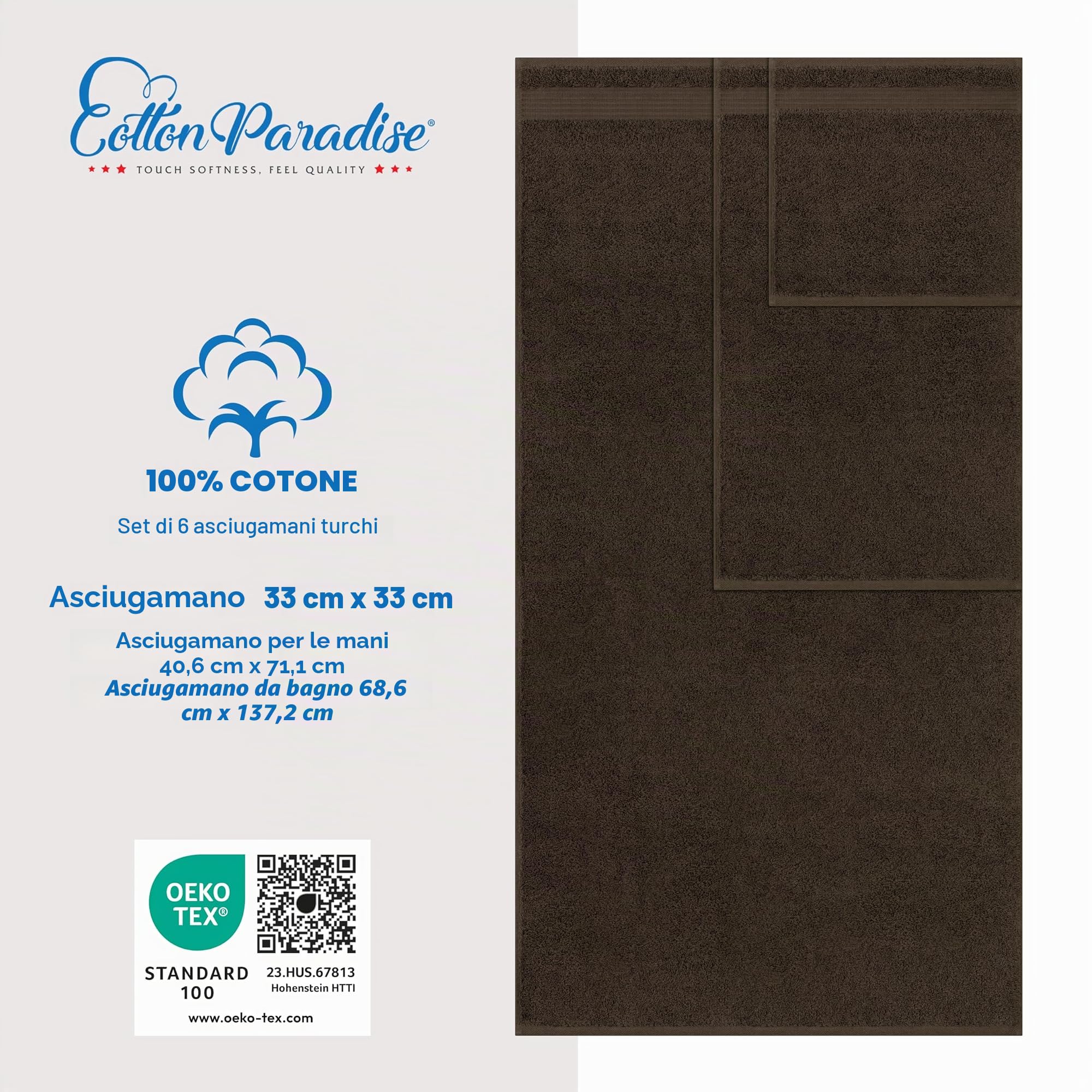 Cotton Paradise Set di 6 asciugamani da bagno turchi in 100% cotone morbido assorbente, 2 asciugamani da bagno, 2 per le mani, 2 salviette, marrone