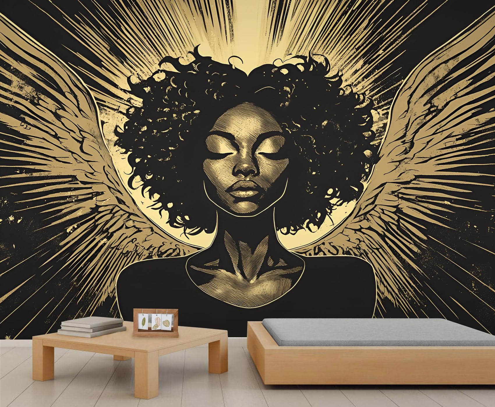 Black Women Mural Mysterious Angel Wallpaper Retro American Woman Wall Mural Commercial Hotel Poster Custom Wallpaper Massive Panoramic Wall Poster (Non-self-Adhesive)