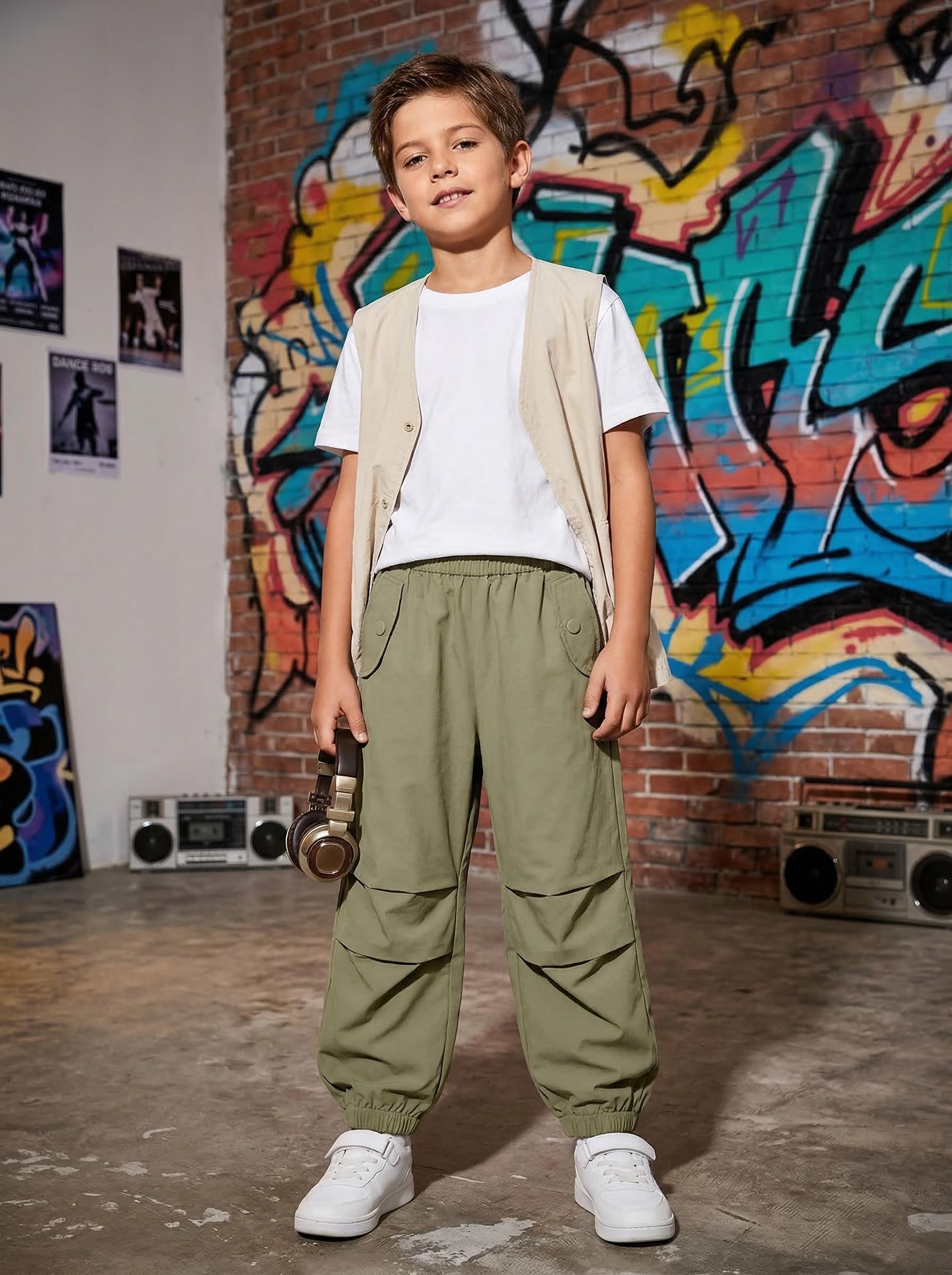 JiAmy Pantalones cargo unisex para niños, transpirables, elásticos, pantalones de paracaídas, ajustados, para niños y niñas, pantalones deportivos al aire libre con bolsillos para 5-14 años