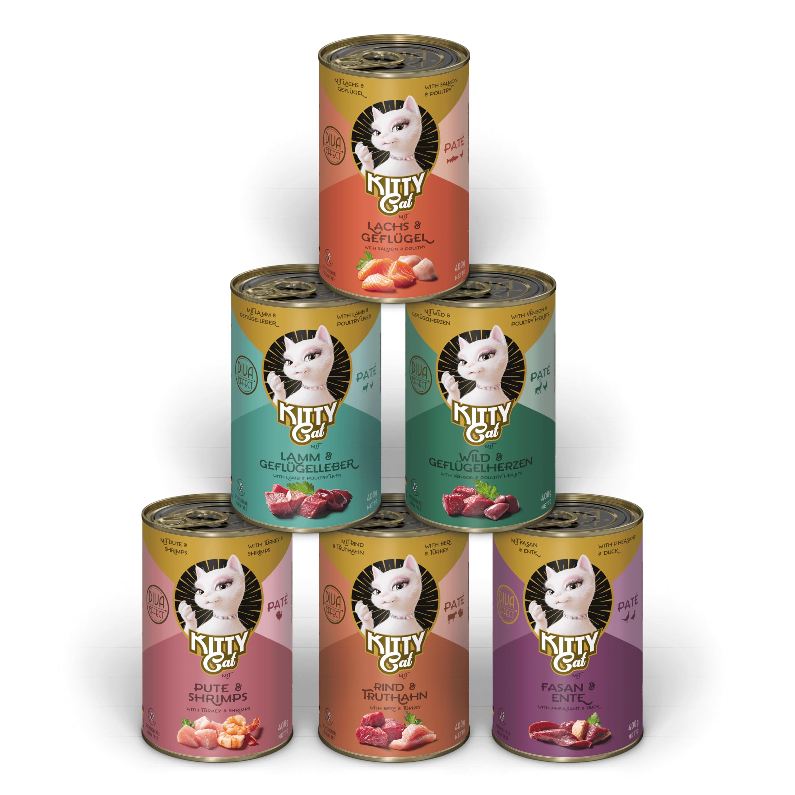 KITTY Cat Paté Mix 2, 6 x 400 g, Nassfutter für Katzen im Probierpaket, getreidefreies Katzenfutter mit Taurin, Lachsöl und Grünlippmuschel, Alleinfuttermittel mit hohem Fleischanteil, Made in Germany