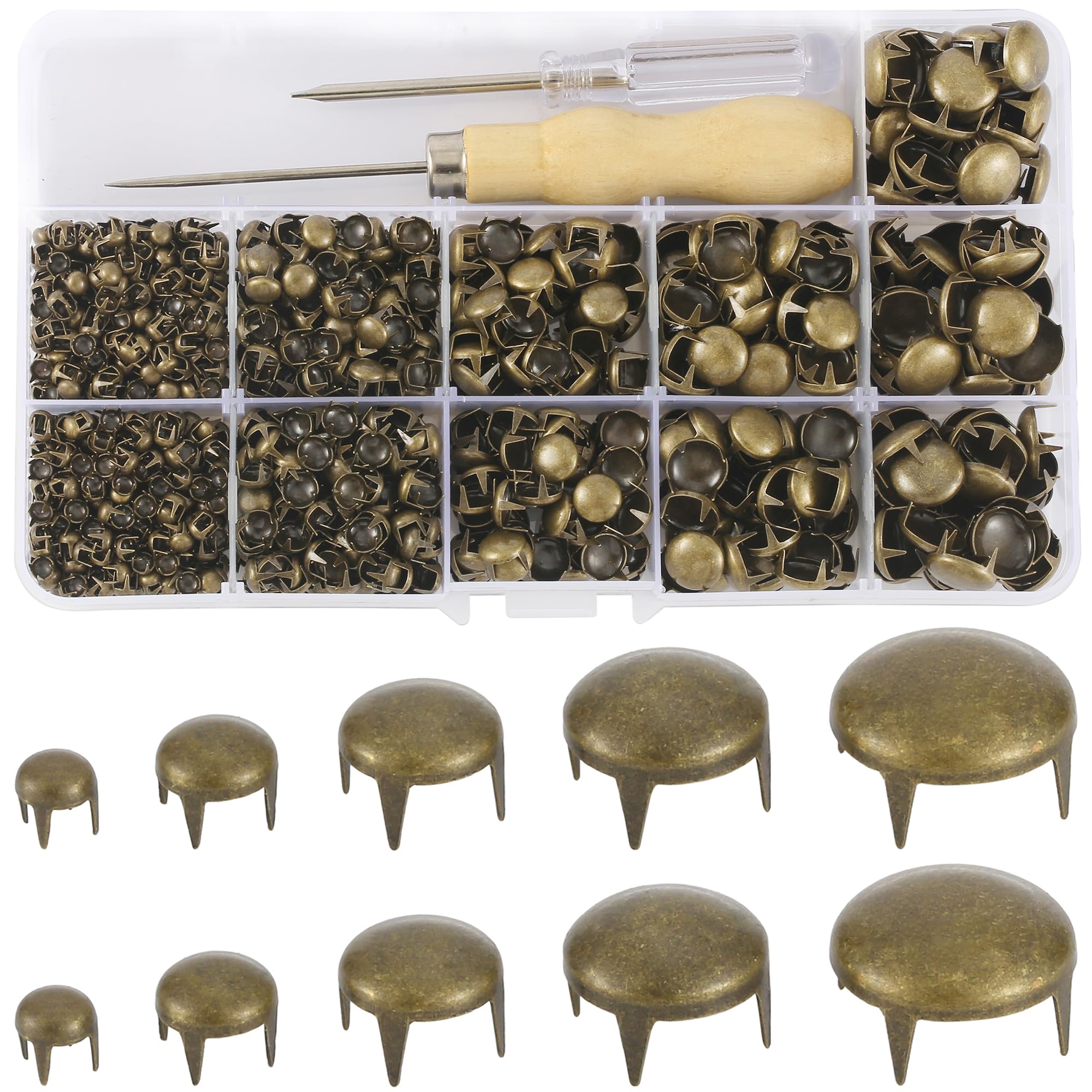 YORANYO 1220 Pcs Assorted Sizes Studs for Clothing Leather Rivets Round Dome Studs and Spikes Prong Studs Kit for Leather Craft Clothing Belts Bags Shoes Bracelets Dog Collar Accessories (Bronze)