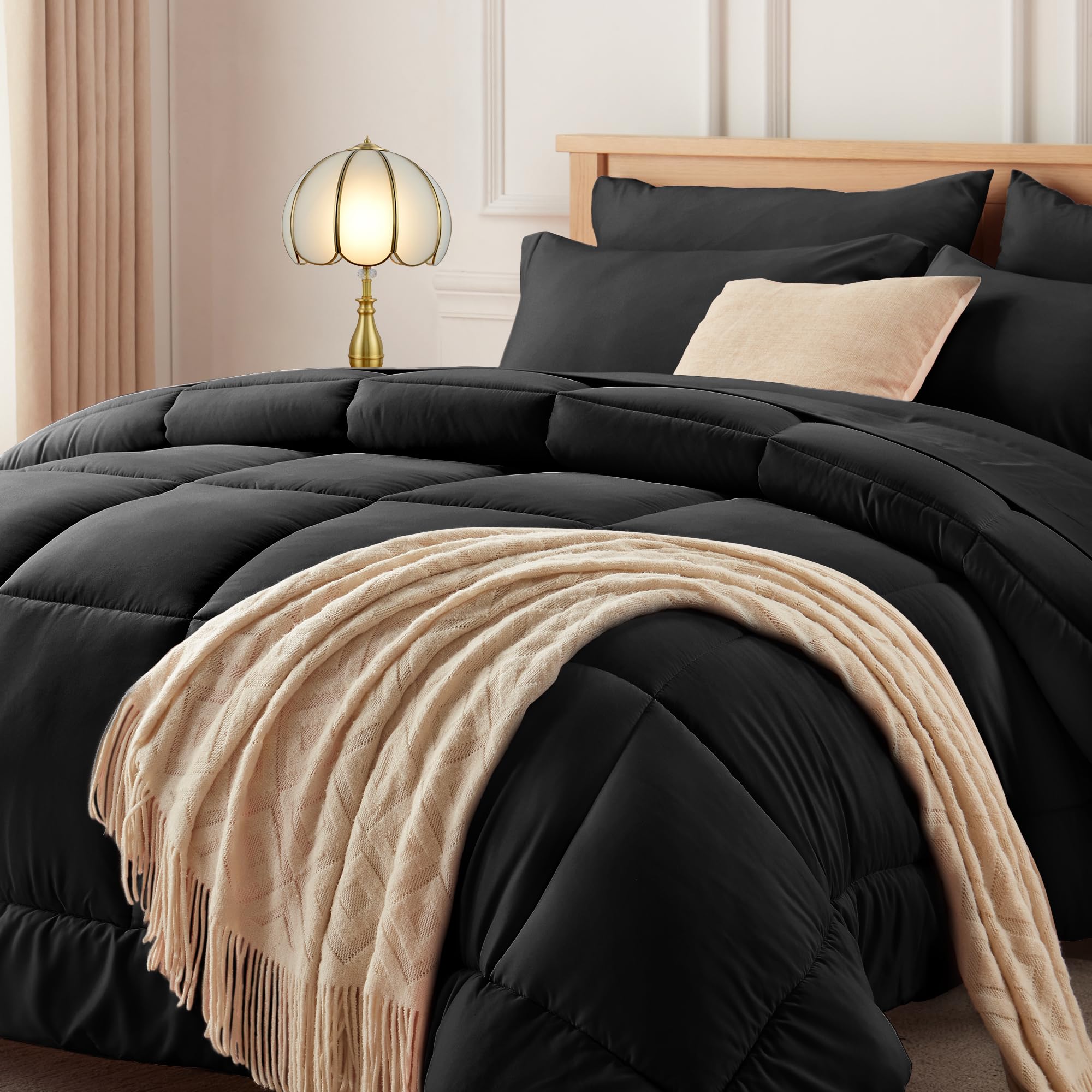 Newspin Full Comforter Set Black - Bed in a Bag Full Size 7 Pieces, All Season Bed Set, Fluffy Comforter Set with Sheets, Sheet Set Quilt Blanket, Pillowcases & Shams