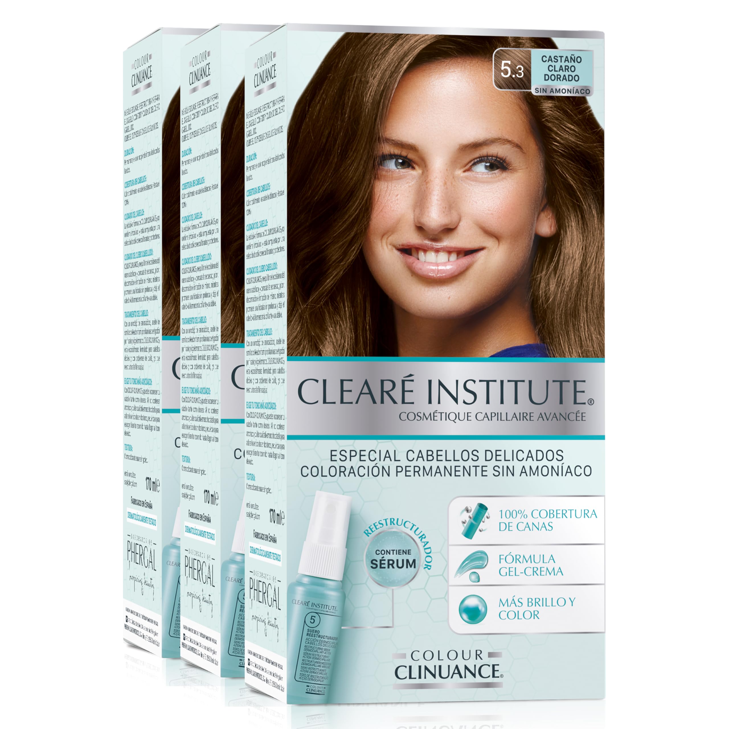 Clearé Institute | Colour Clinuance | Coloración Capilar Permanente Sin Amoniaco | Tinte de Pelo 100% Cobertura de Canas, Incluye Sérum Capilar | Método Curly | 5.3 Castaño Claro Dorado | Pack de 3