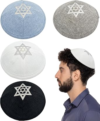 Pack of 4-Pcs - Hq 18cm 4-Colors Linen Kippah with Star of David Embroidery for Men Boys and Kids, Yamaka Hat