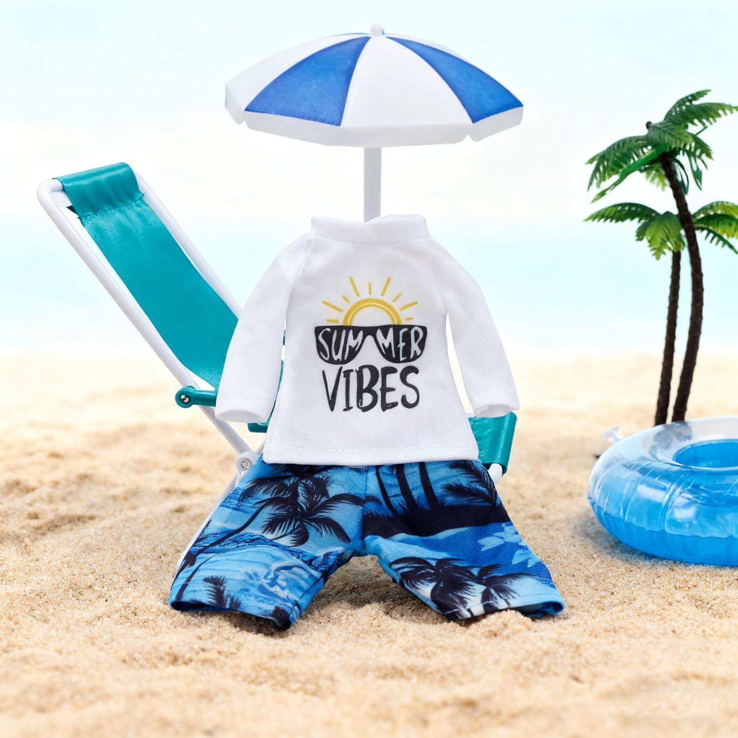 Christmas Elf Beach Clothes Accessories Sets, 9Pcs Doll Kit Include Swim Ring Chair Surboard Sunglasses for Christmas Decoration