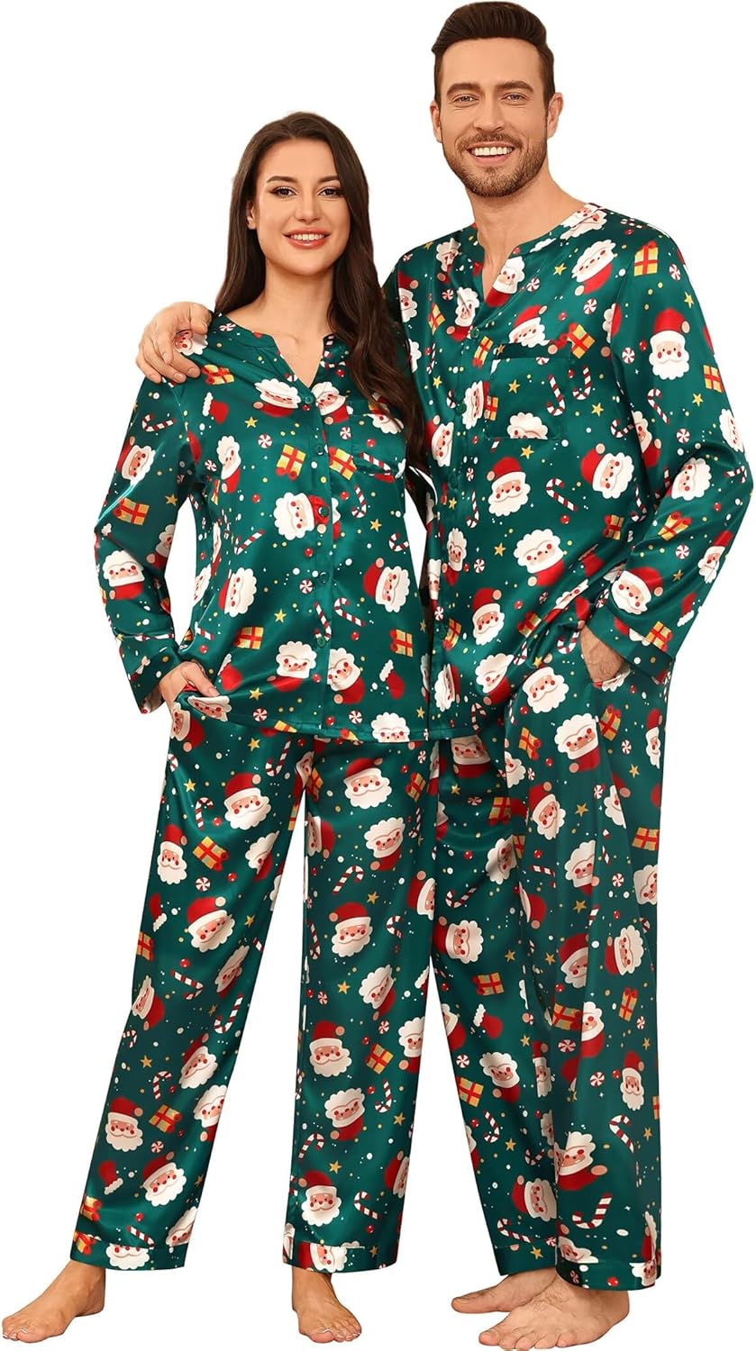 SWOMOG Family Matching Pajama Set 2Pcs Silk Satin Sleepwear Long Sleeve Button Down Loungewear