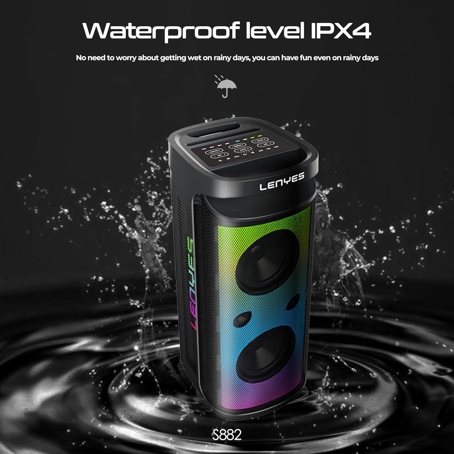Lenyes S882 speaker with water splashing around it, indicating IPX4 water resistance