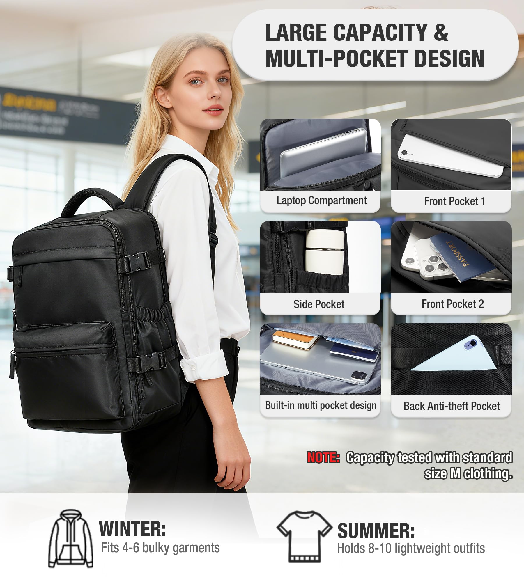 Mochila de Viaje al Vacío con Bomba - 40x30x25 cm (Cabina Ryanair) - Mochila de Mano para Avión con Portátil 14" - Impermeable - Unisex/Día - Equipaje de Cabina para Hombre y Mujer Negro