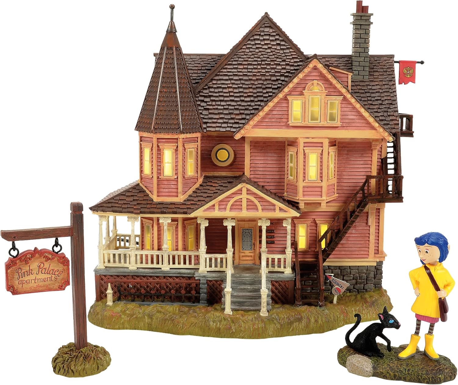 Department 56 Coraline Pink Palace Apartments Village Set – Lighted Building with Figurines for Halloween Village Display, Coraline Decorations, and Movie Collectible Fans