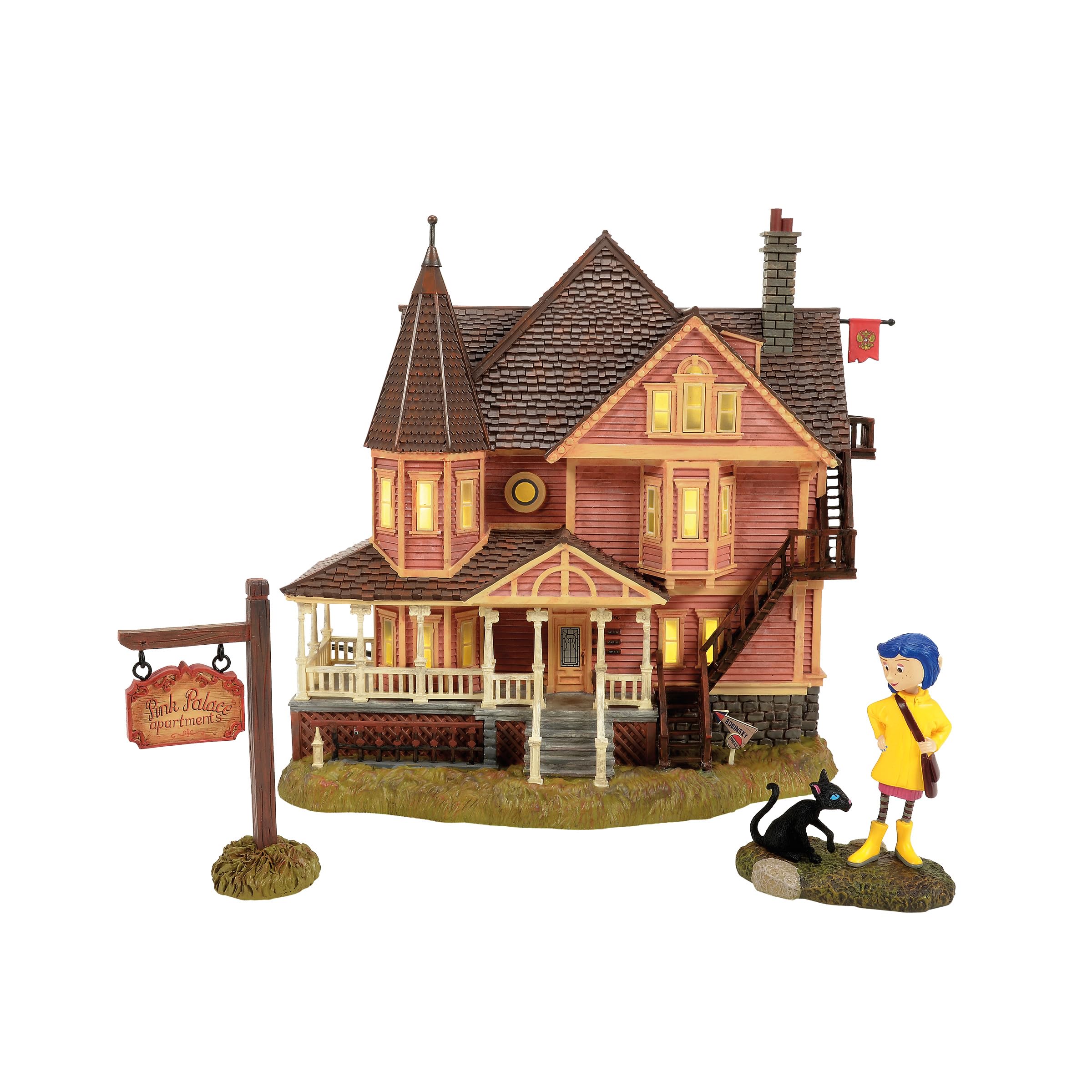 Department 56 Fright Avenue Village Coraline The Pink Palace Apartments Lit Building and Figurine Set, 8.75 Inch, Multicolor
