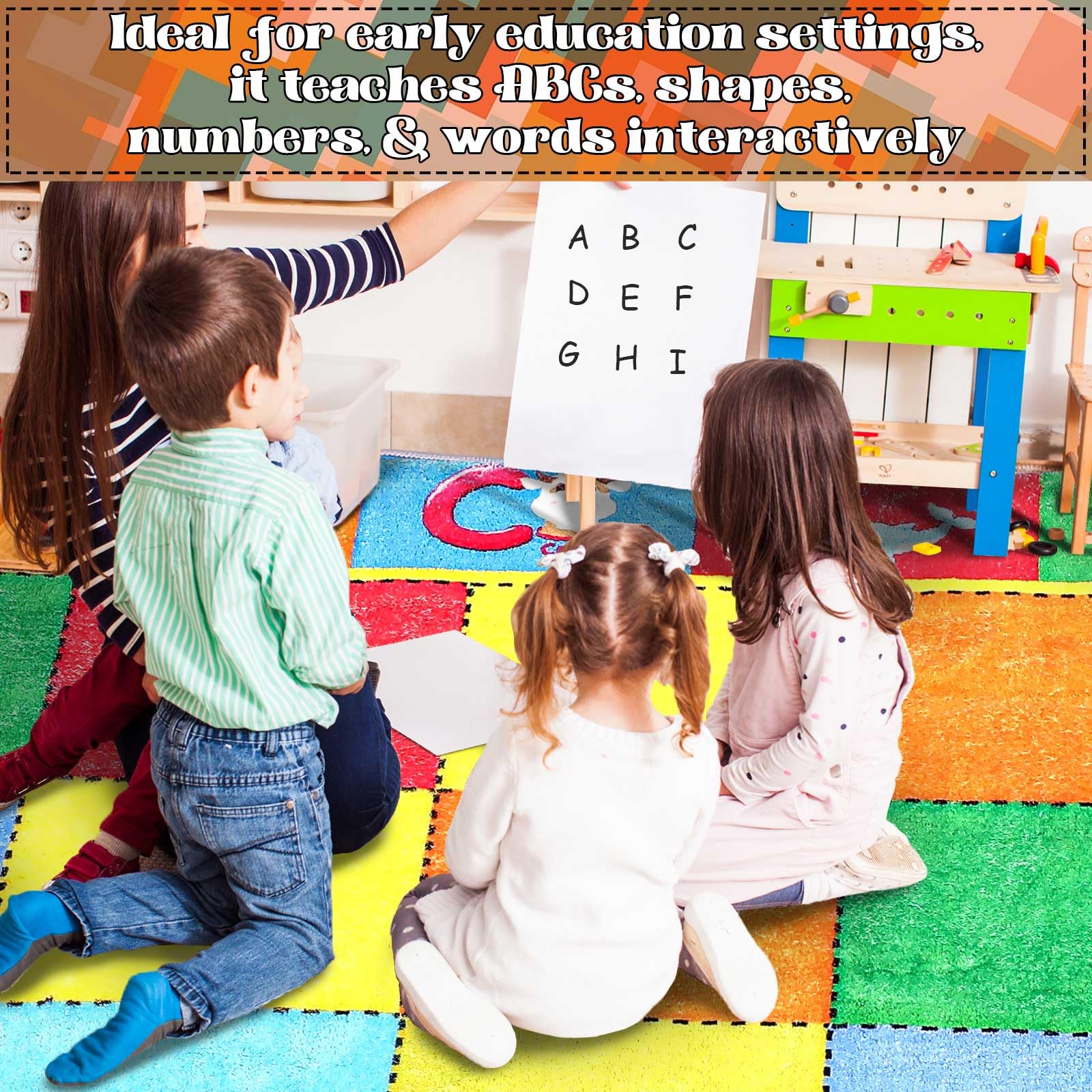 Coume Klassenzimmerteppich, 4 x 2 m, ABC-Alphabet und Tierwörter, Lernteppich, große Lernmatte mit rutschfester Unterseite, für Kinder, Kleinkinder, Vorschule, Kindergarten