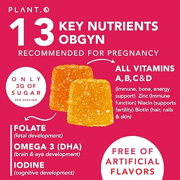 Prenatal Vitamins for Women Gummies with DHA and Folate, 60 Ct (30 Day) | PLANT.O NUTRITION Multivitamin, Gentle on Stomach, Vitamin D3 B6 B12 C, Iodine, Zinc, Postnatal Support, Pectin-Based
