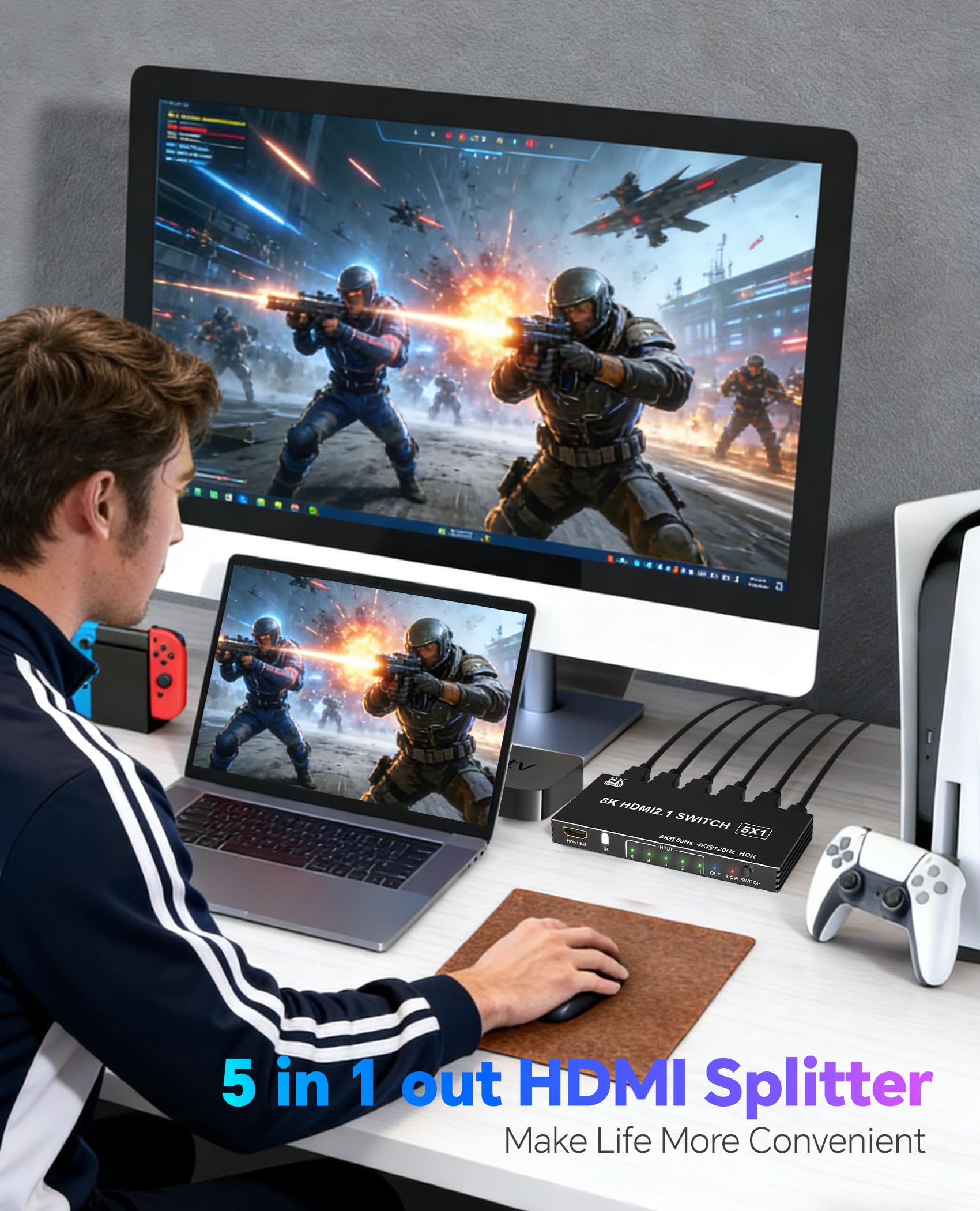 Conmutador HDMI 8K 4K 120Hz – 5 en 1 salida HDMI Splitter Switcher 8K @60Hz 4K @120Hz con control remoto 3D HDR10+ HDCP 2.3 CEC, uso para PS5/4/3, Xbox DVD Player Fire Stick Roku TV PC Nintendo Switch