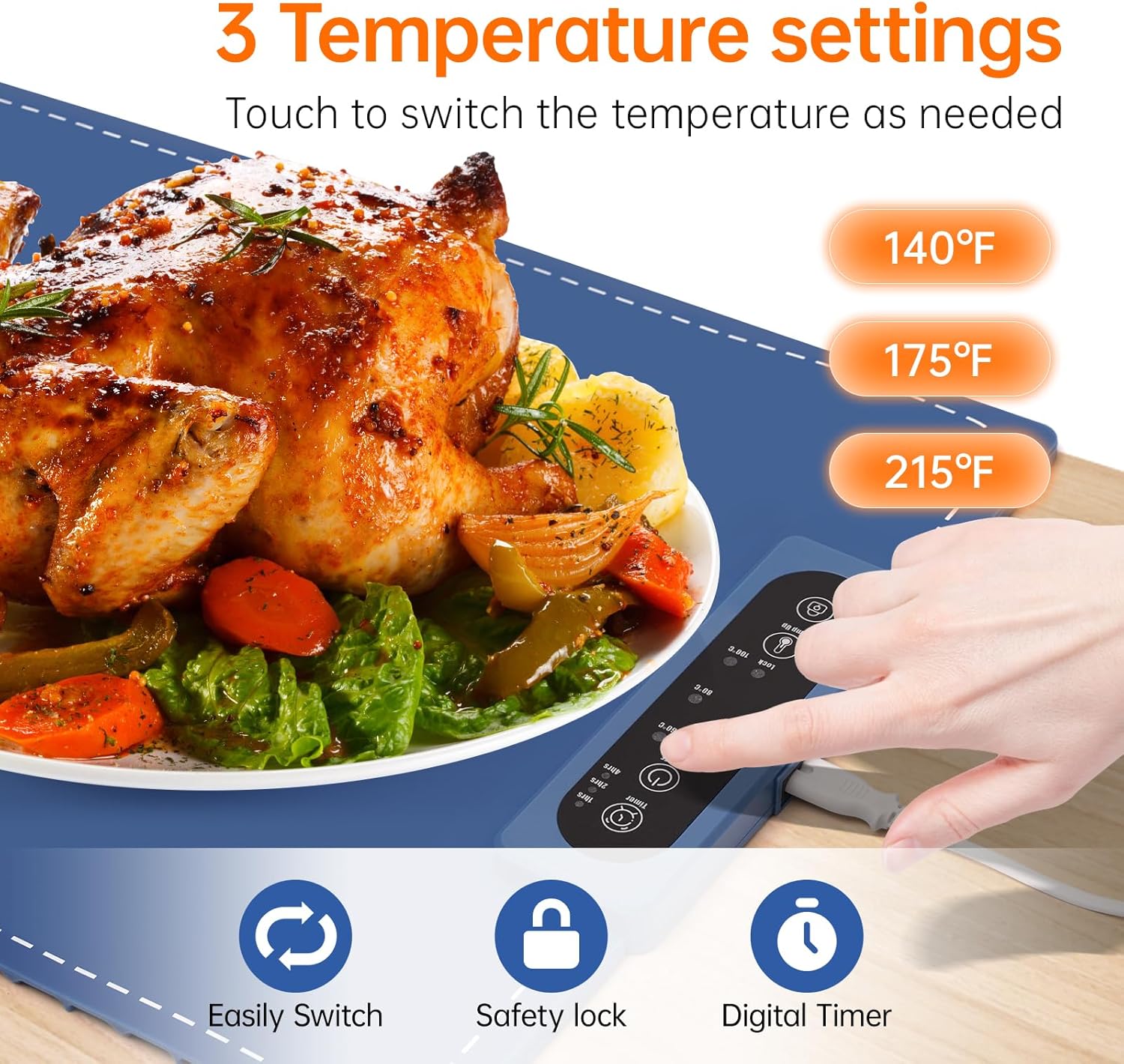 Allcucut NCB-00 Electric Food Warming Mat with Full Surface Heating, Rollable & Portable, Blue, Silicone, 24x16 Inch, 60-100C (140-212F), Commercial Food Warmer