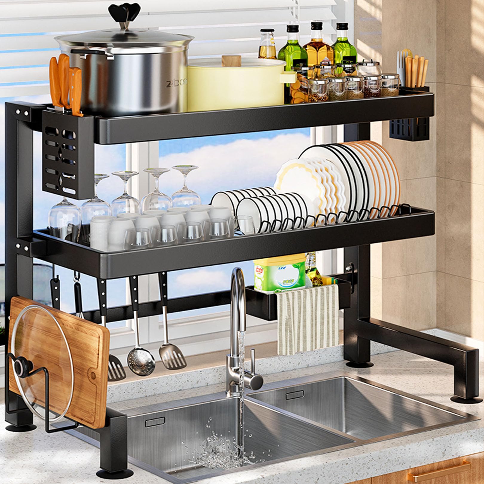 Escurridor de platos negro sobre el fregadero con soporte para utensilios, escurridor de encimera de cocina que ahorra espacio para platos, vasos y utensilios, elegante diseño negro, acero
