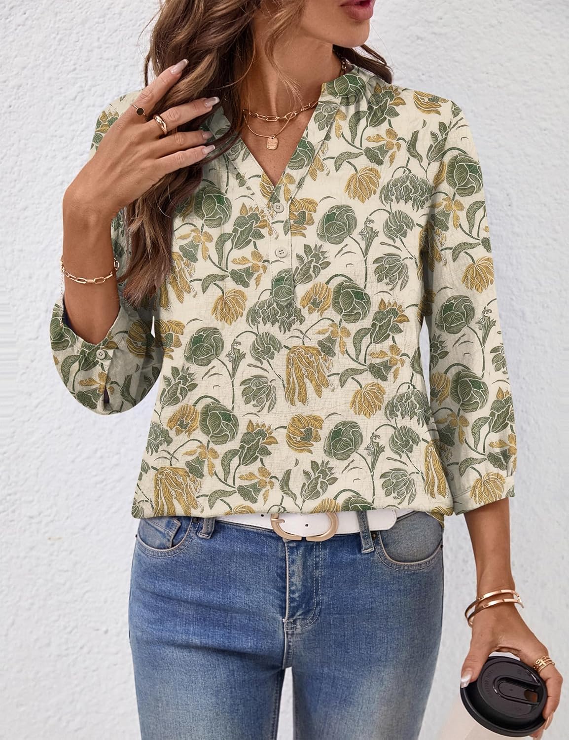 LOMON Womens Tops Dressy 3/4 Length Sleeve Henley V Neck Button Down Shirts Pleated Blouses S-XXL - Image 3