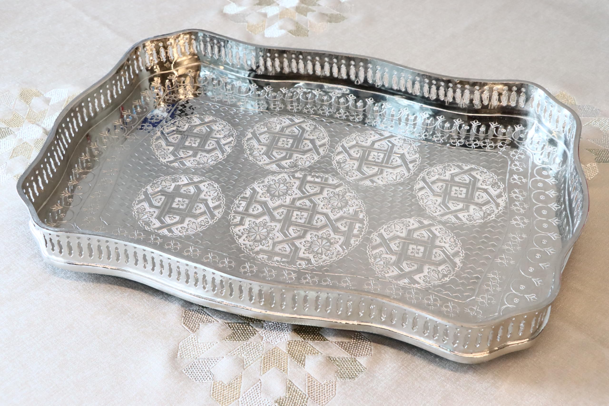 Handmade Moroccan Silver Brass Tray/Decor (Medium, 36, cm)