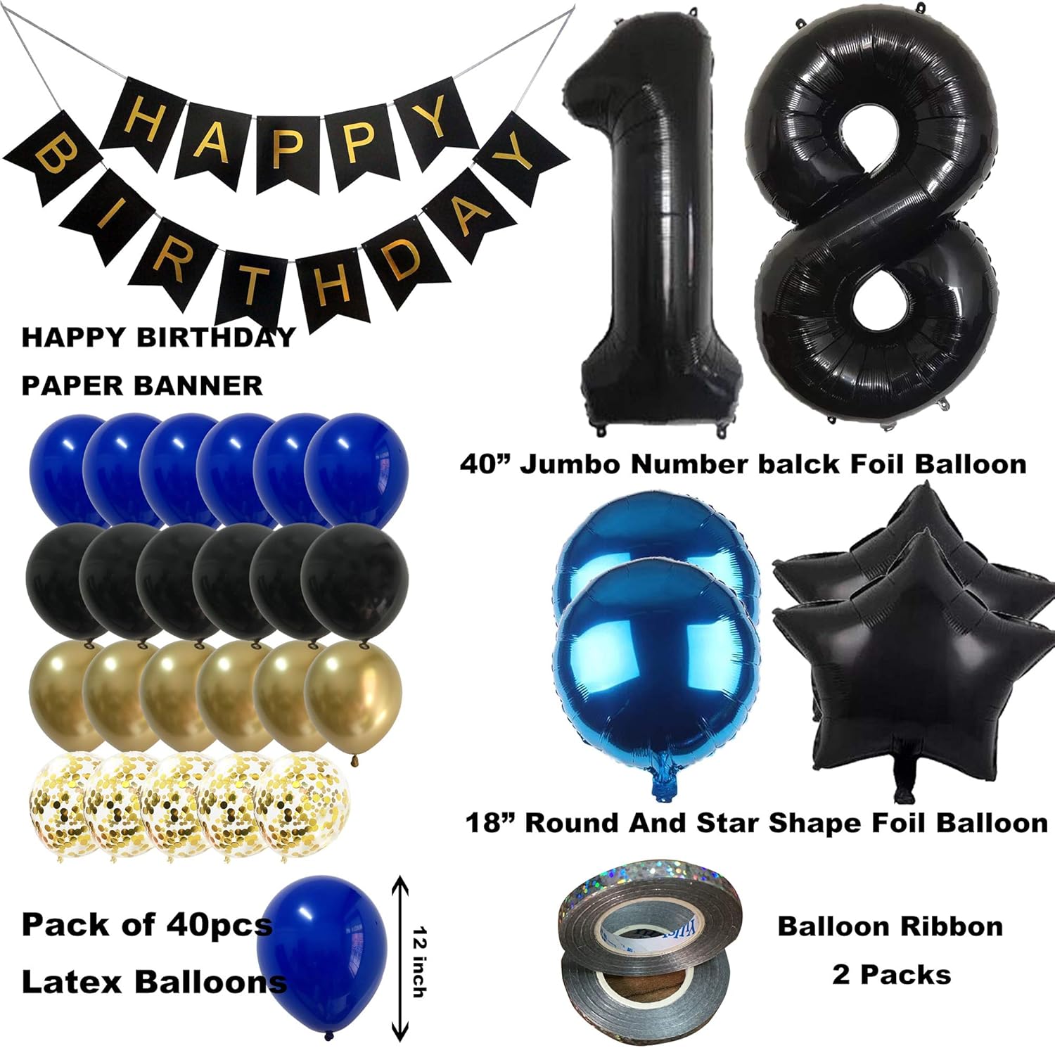 18th Birthday Decorations Boys - Royal blue Gold Happy 18 Birthday Balloons Party Supplies For men Him with Black Banner (18th blue) - Image 4