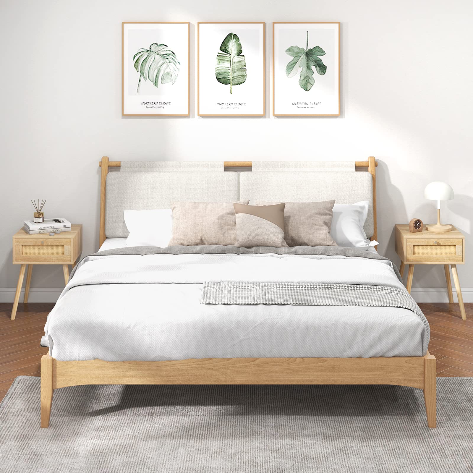 COSTWAY Set di 2 Comodini in Stile Boèmo in Legno e Rattan con Cassetto