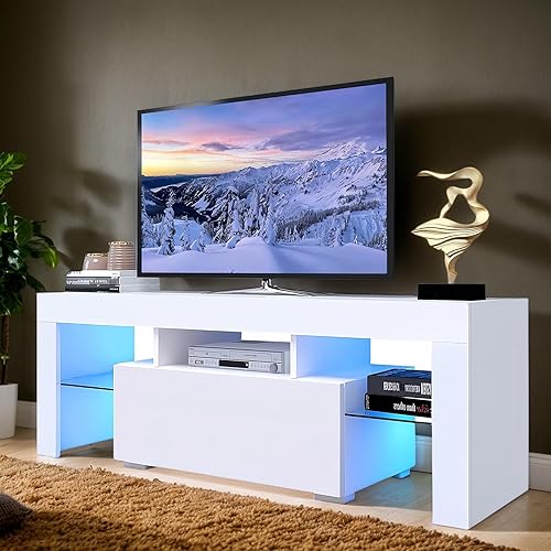Anwick Soporte de TV LED con gran almacenamiento para televisores de hasta 55 pulgadas, moderno centro de entretenimiento con estante de cristal,