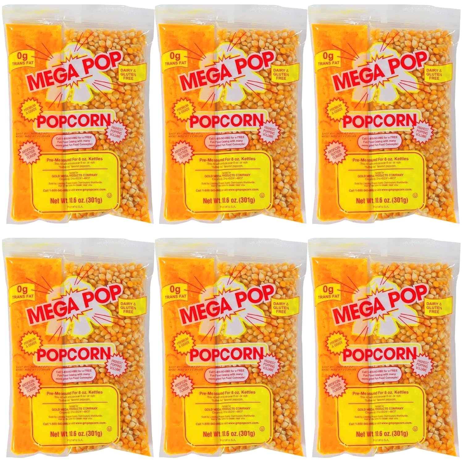Mega Pop Popcorn Machine Popcorn Packets 10.6 oz | All in 1 Popcorn Kits with Oil, Salt & Butter Flavor | Popcorn Kernels Portion Packs for Popcorn Machines, Makes Movie Theater Pop corn, Pack of 6