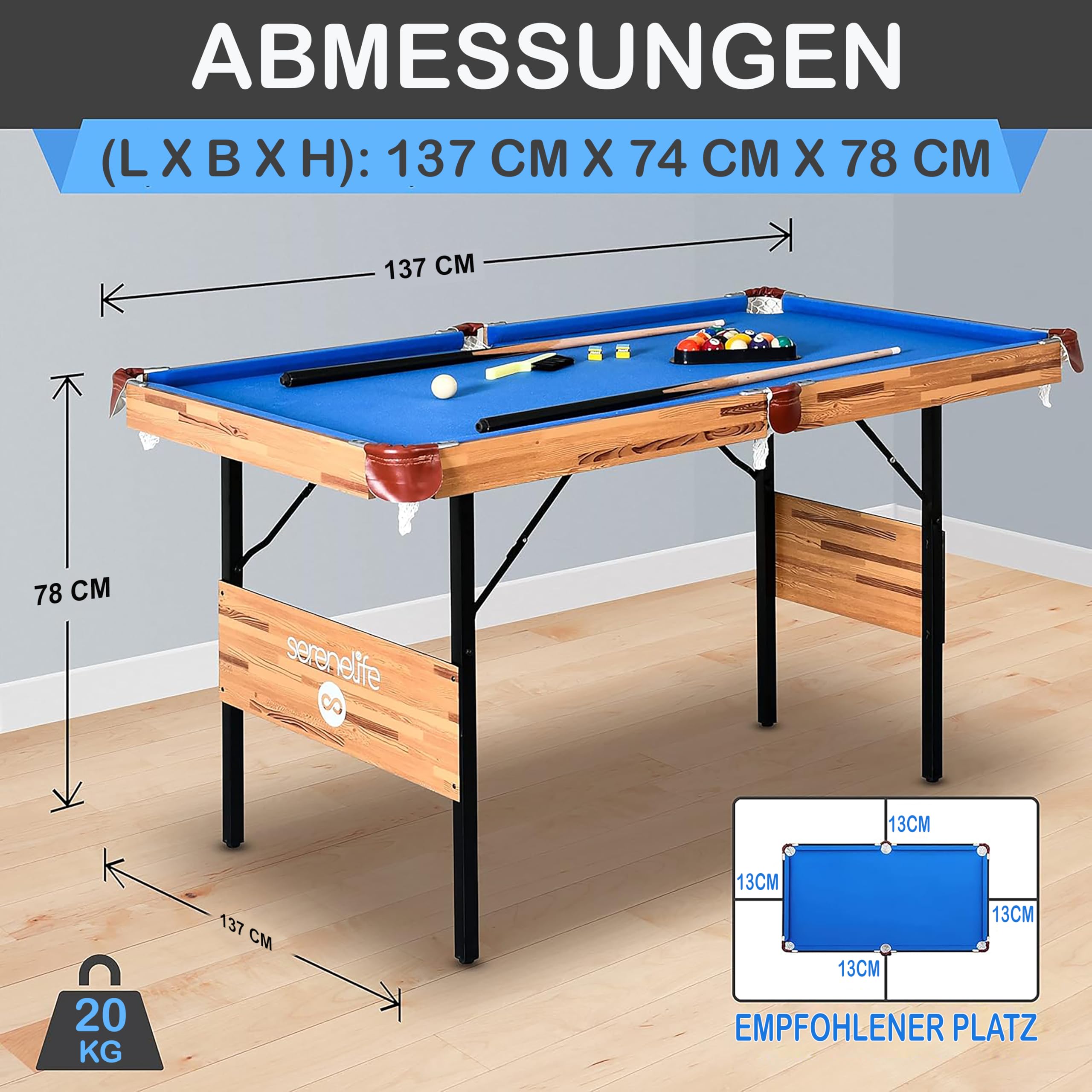 SereneLife Billardtisch Mini Klappbar Pool Table 137x74x78cm für Kinder mit Zubehör Blau