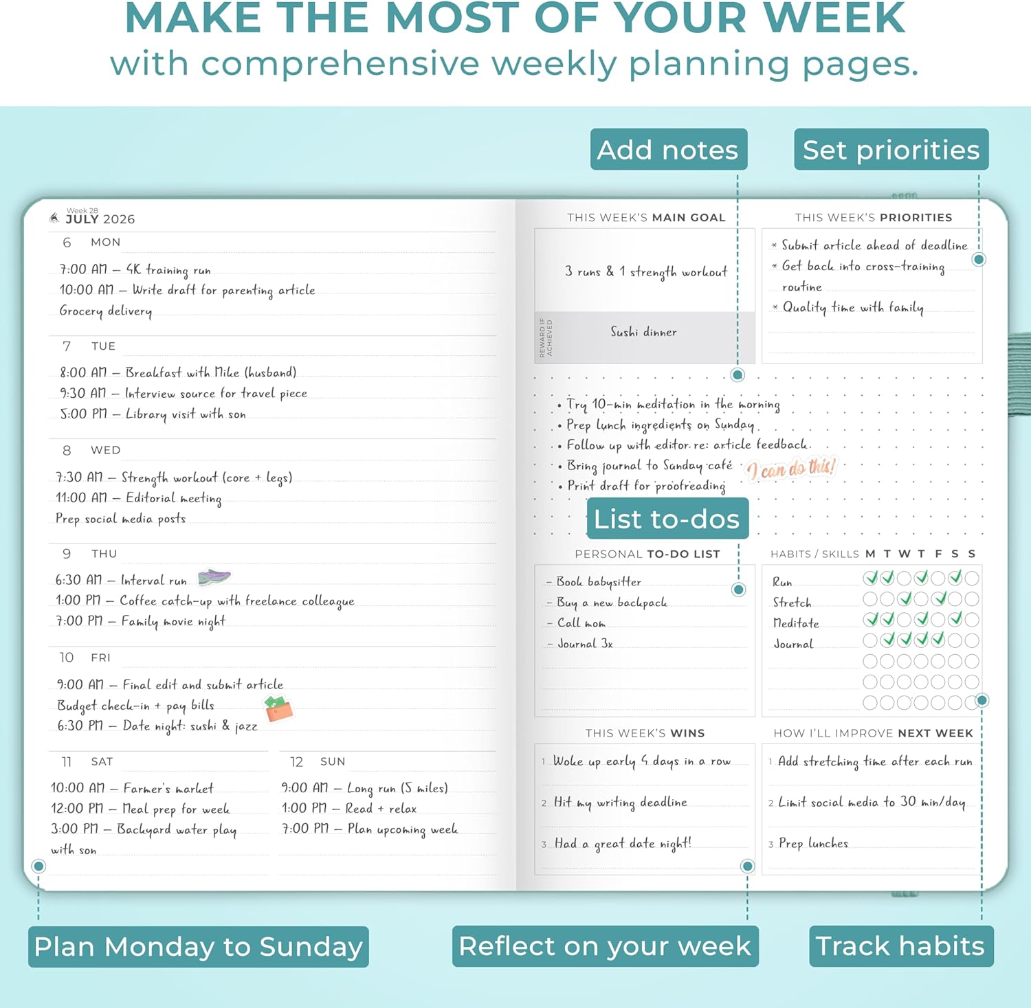 Clever Fox Dated Planner Premium 2026 – Weekly Agenda for Planning & Time Management –Notebook with Habit Tracker & To-do List (Aquamarine)