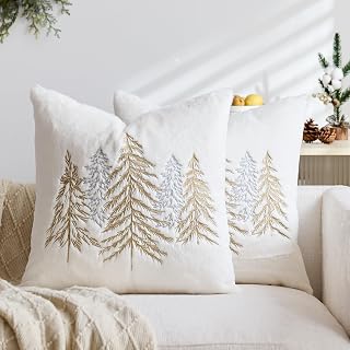 Festive Embroidered Christmas Pillow Covers 18x18 Set of 2,Farmhouse Rustic Decor for Sofa Living Room Xmas Holiday (Gold Silver Pine, 18"x18"(Pack of 2))