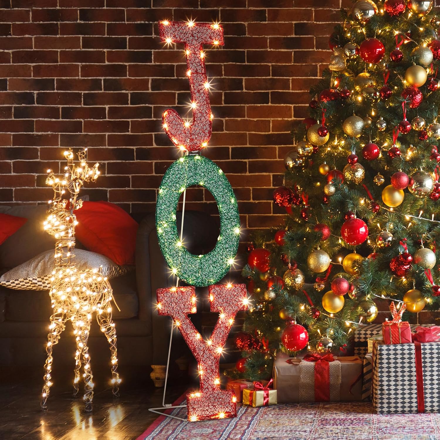 Christmas Lighted JOY Letter Decoration, Outdoor Christmas Waterproof 2D JOY Sign with LED Lights, Pre-Lit Classic Traditional Ornament for Xmas Yard Patio Front Door