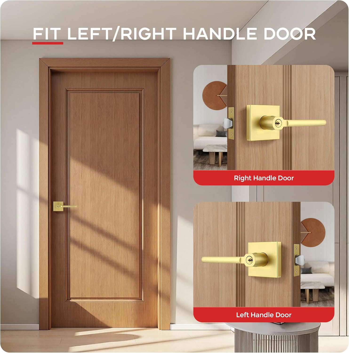 2 Pack Satin Brass Interior Door Handle, Interior/Exterior Gold Door Knob with Lock and Key, Gold Entry Door Handle for Entracnce or Front Doors, Heavy Duty Modern Door Knob