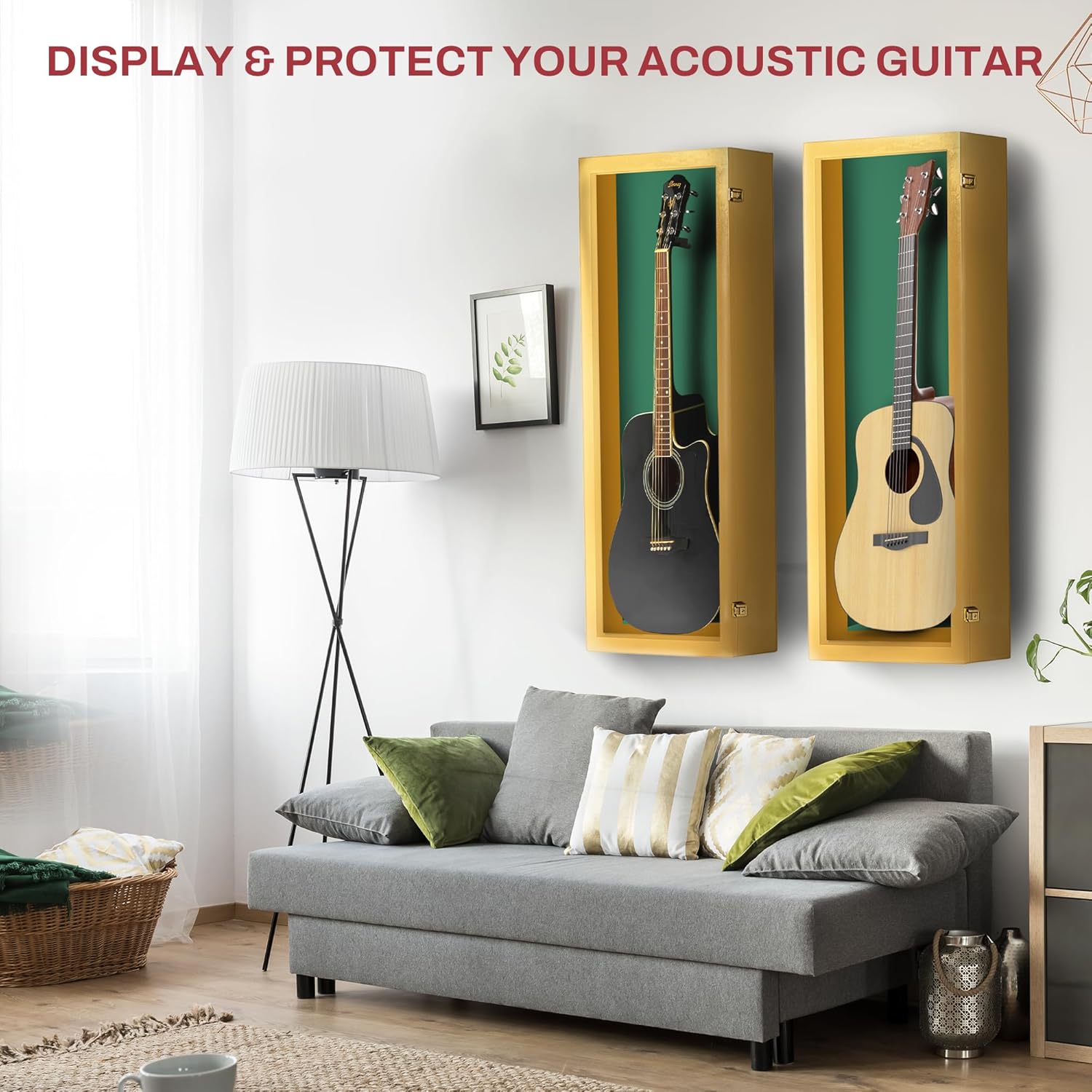 PENNZONI Acoustic Guitar Display Case - Acrylic Acoustic Guitar Case - Guitar Display Case Wall Mount Made from Hardwood Frame & Clear Acrylic - Golden Oak w/Felt Green