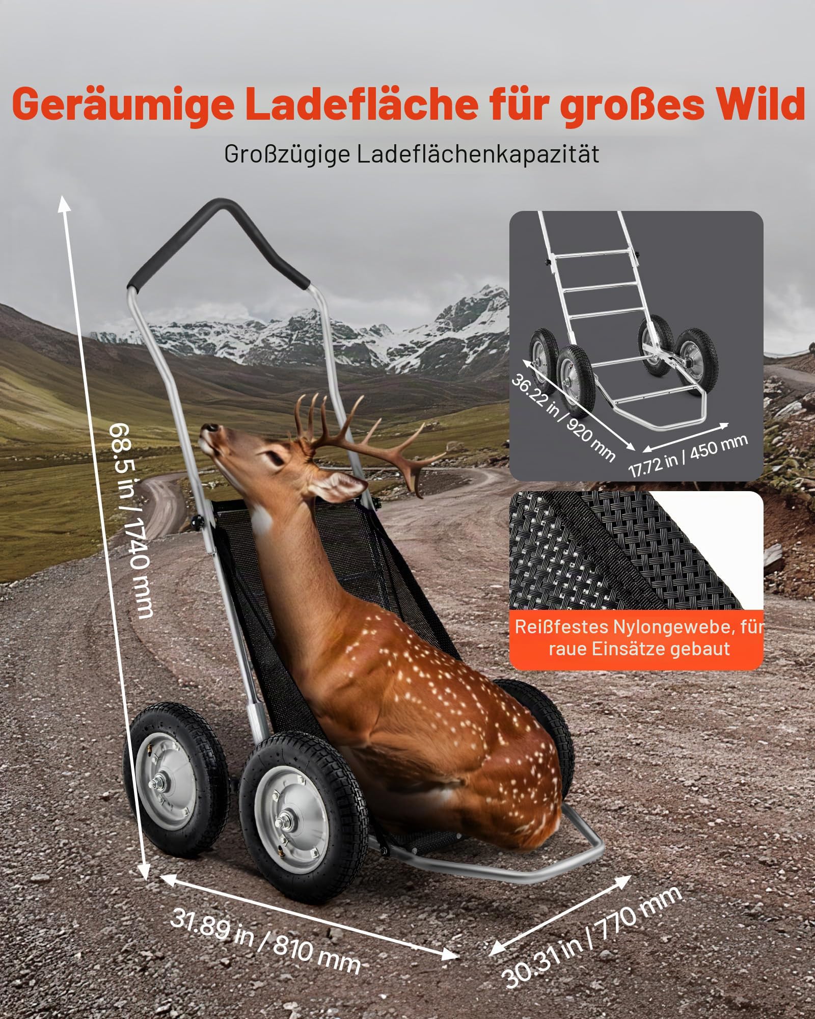 VEVOR Transportkarre Wildkarren 227 kg, Hochleistungs-Transportwagen, geländegängiger, zusammenklappbarer Wildtransportwagen mit stoßdämpfenden Reifen, Transportwagen für die Jagd Angeln Wandern