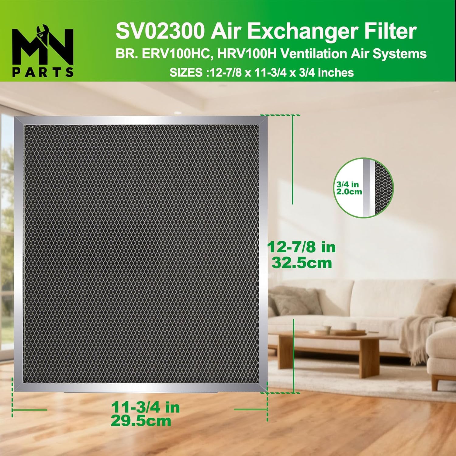 SV03096 Air Exchanger Filter 12-7/8" x 11-3/4" x 3/4", 2-Pack HRV Filter Replacement Compatible with Broan ERV100HC, HRV100H Ventilation Air Systems