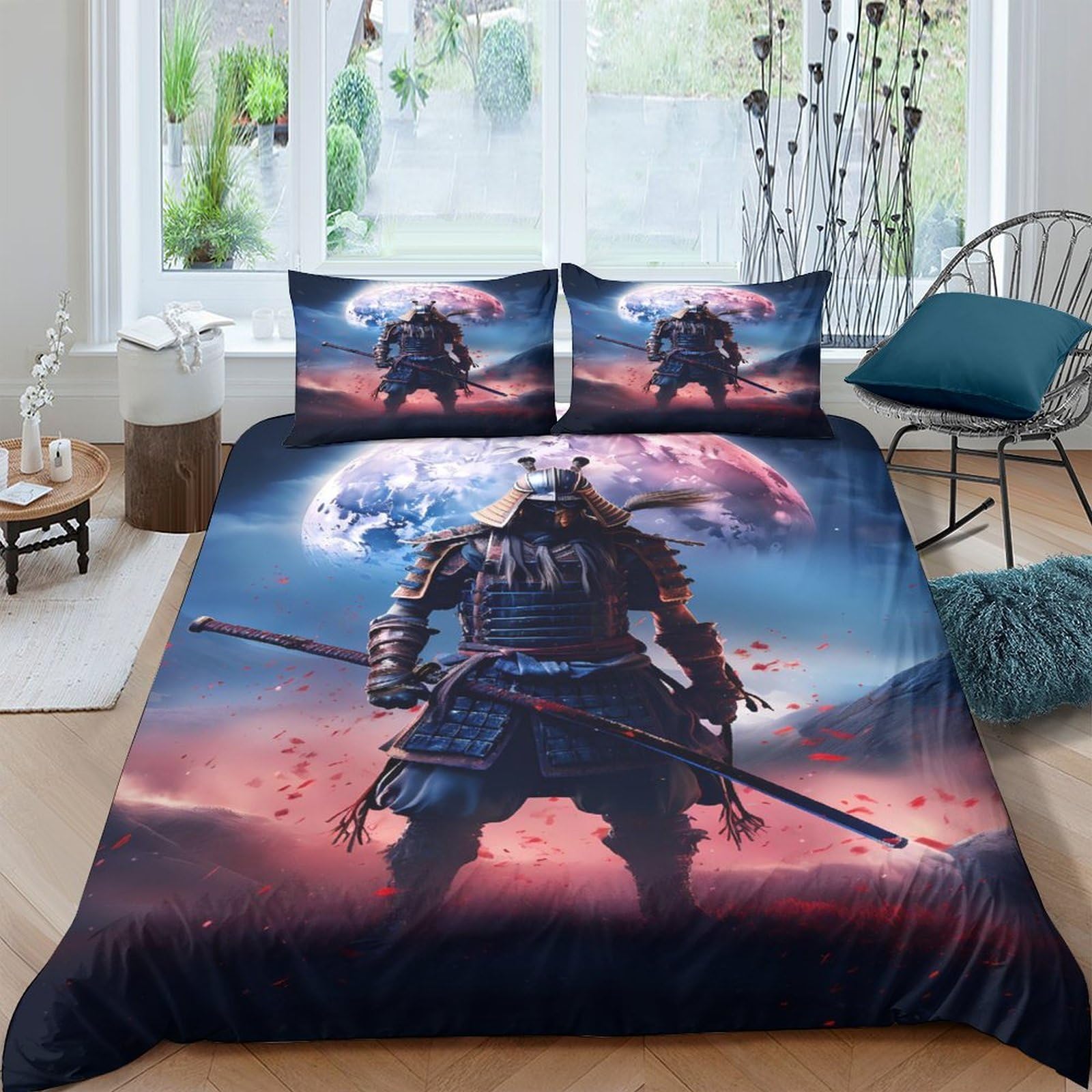 Ctjqhvkz Style-2 3D Printed Samurai Warrior Fitted Sheet Microfiber Black Red Moon Mattress Cover For Bedroom Guest Room Decor Single（135X200cm）