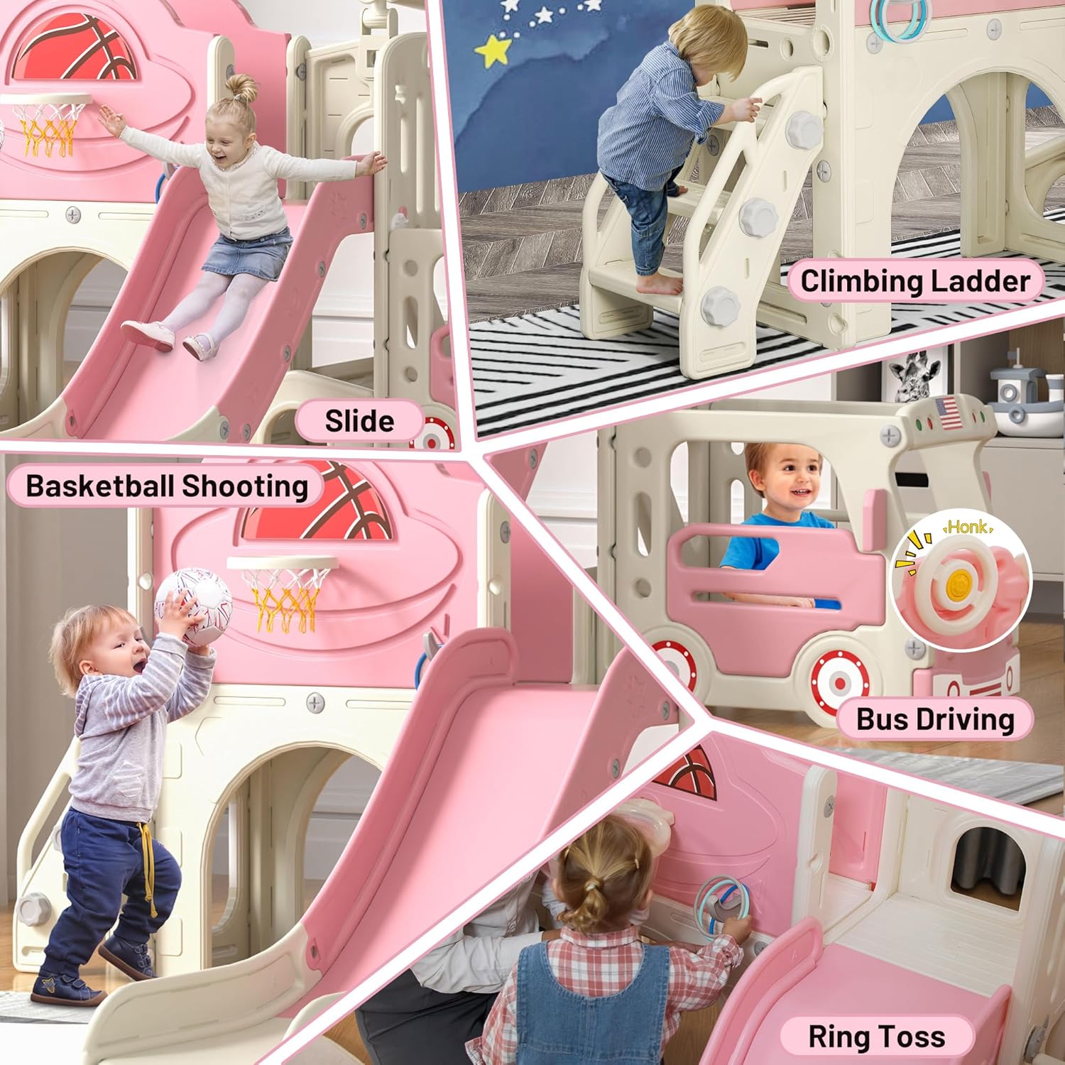 10 in 1 Toddler Slide, Bus-Themed Kids Slide and Climber Playset with Basketball Hoop, Ring-Toss, Car Playhouse, Telescope, Freestanding Indoor and Outdoor Playground for Baby Age 3+ - Image 4