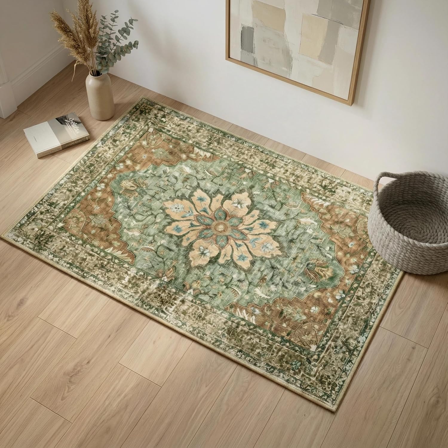 Poshetion Area Rugs3’x5’ Washable Non-Slip Non-Shedding Green Floral Vintage Medallion Rug Soft Low Pile Thin Design for Living Room Bedroom Dining Room Ideal for Families Pet Owners