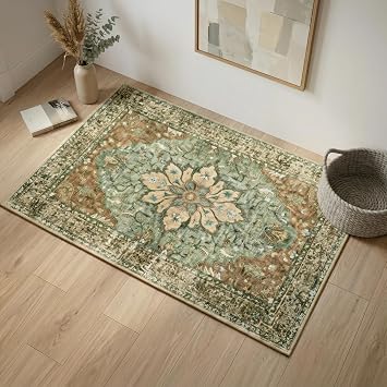 Poshetion Area Rugs3x5 Washable Non-Slip Non-Shedding Green Floral Vintage Medallion Rug Soft Low Pile Thin Design for Living Room Bedroom Dining Room Ideal for Families Pet Owners