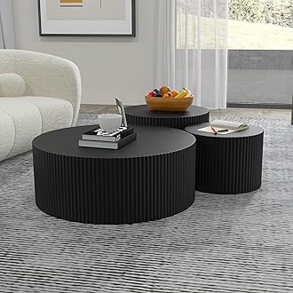 JUSTONE Black Round Coffee Table Set Side Table End Table for Living Room,3 Peice Drum Round Nesting Coffee Modern Coffee Table for Apartment Office,No Assembly (3PCS,Black)
