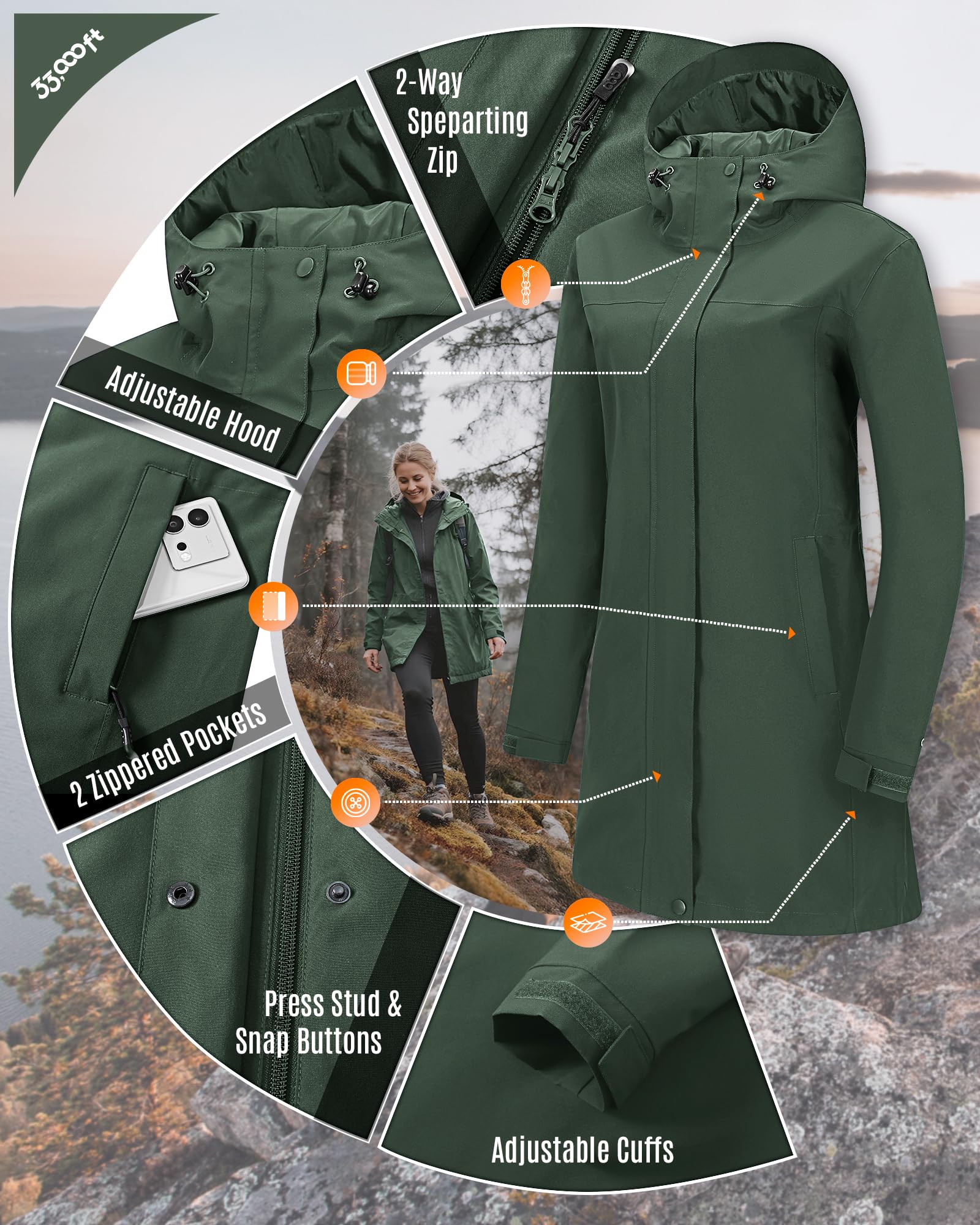 33,000ft Damen Regenjacke Windbreaker Lange Wasserdichte Softshelljacke mit Kapuze Leicht Übergangsjacke Wanderjacke Atmungsaktive Regenmantel für Frühling Sommer und Herbst