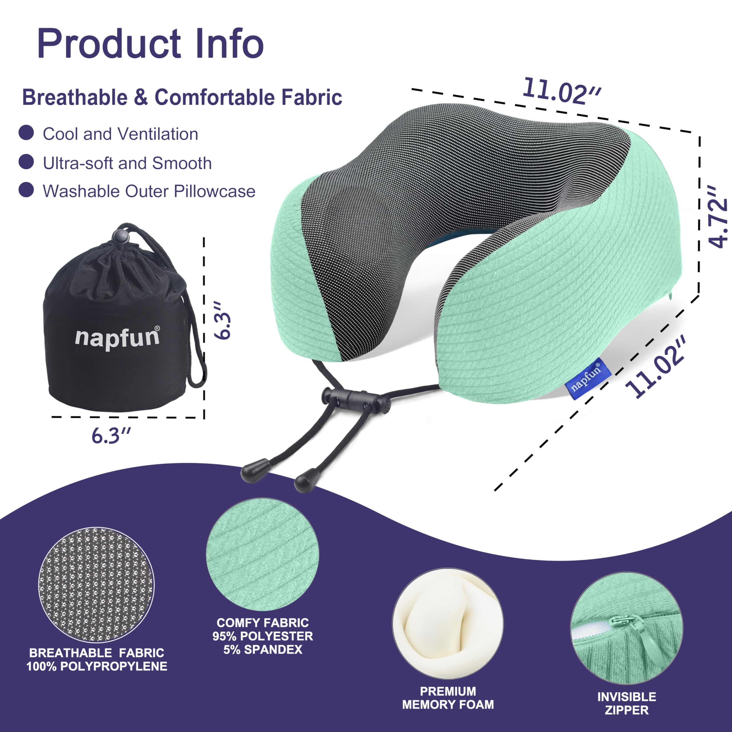 napfun Neck Pillow for Travel, Memory Foam Airplane Pillow, Turquoise view 2