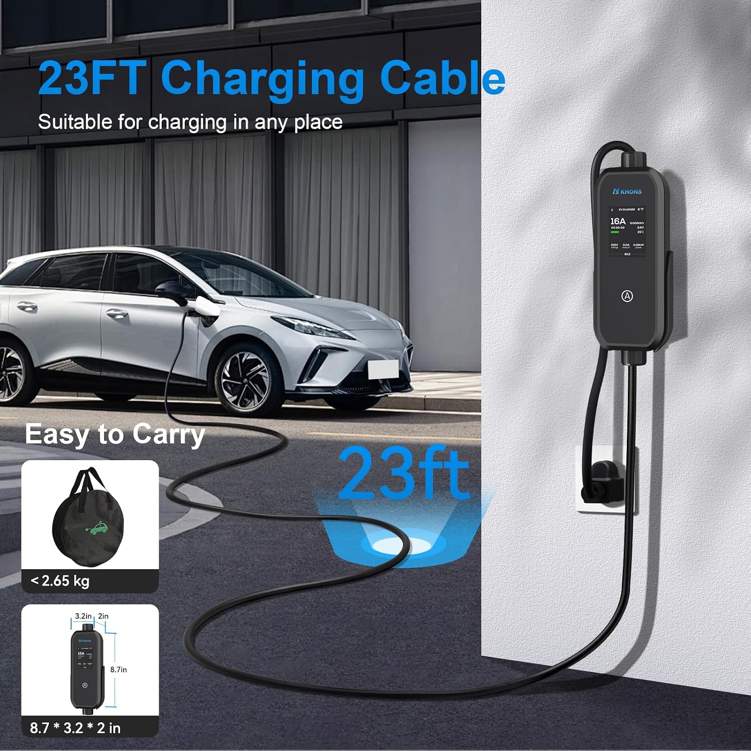 Level 1/2 Portable EV Charger, Plug & Play, 16A, 23ft Cable, for SAE J1772