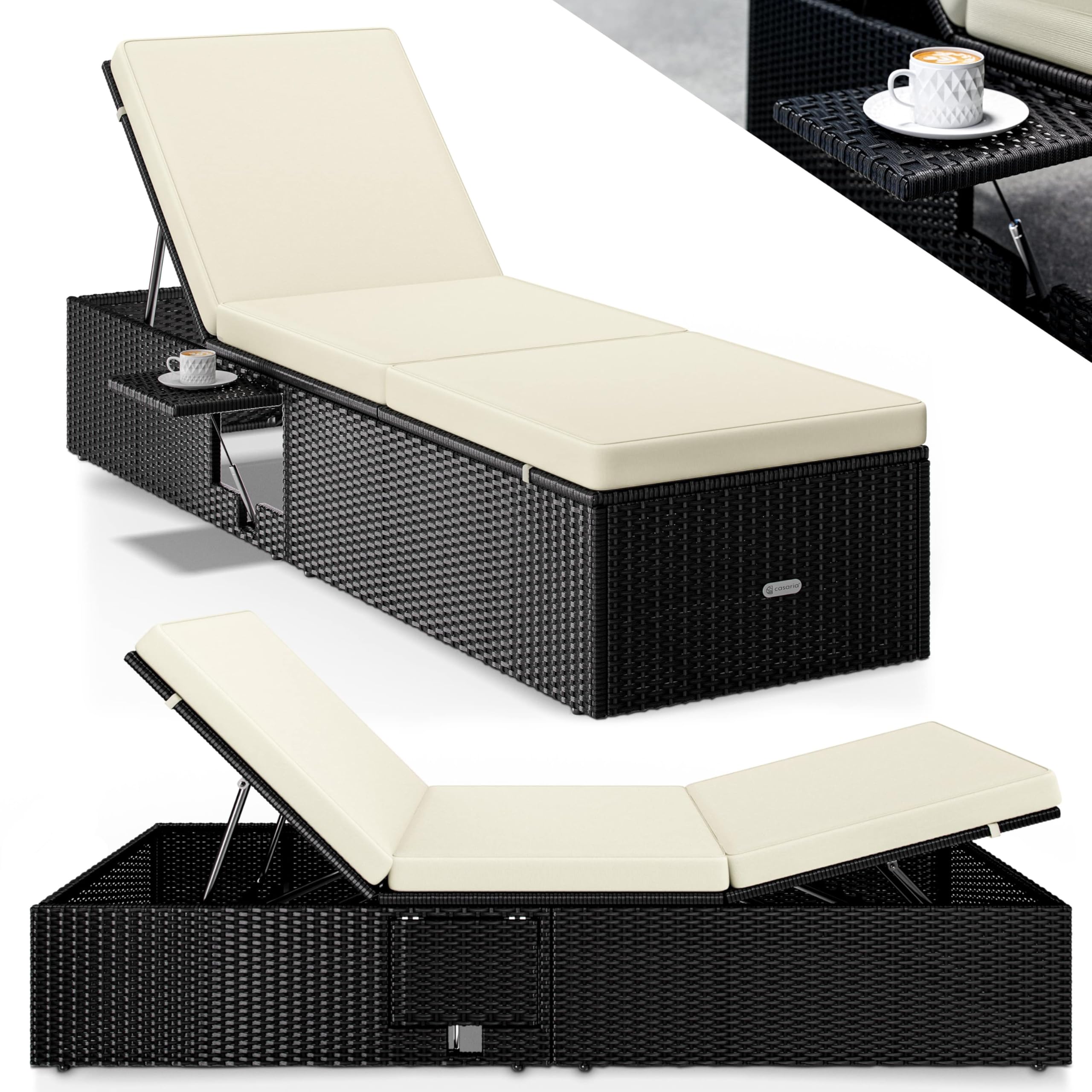 Casaria® Bain de Soleil en Polyrotin Noir avec Coussins Creme Salon de Jardin Exterieur Design pour Terrasse ou Piscine Hors Sol et Salon de Jardin Contemporain